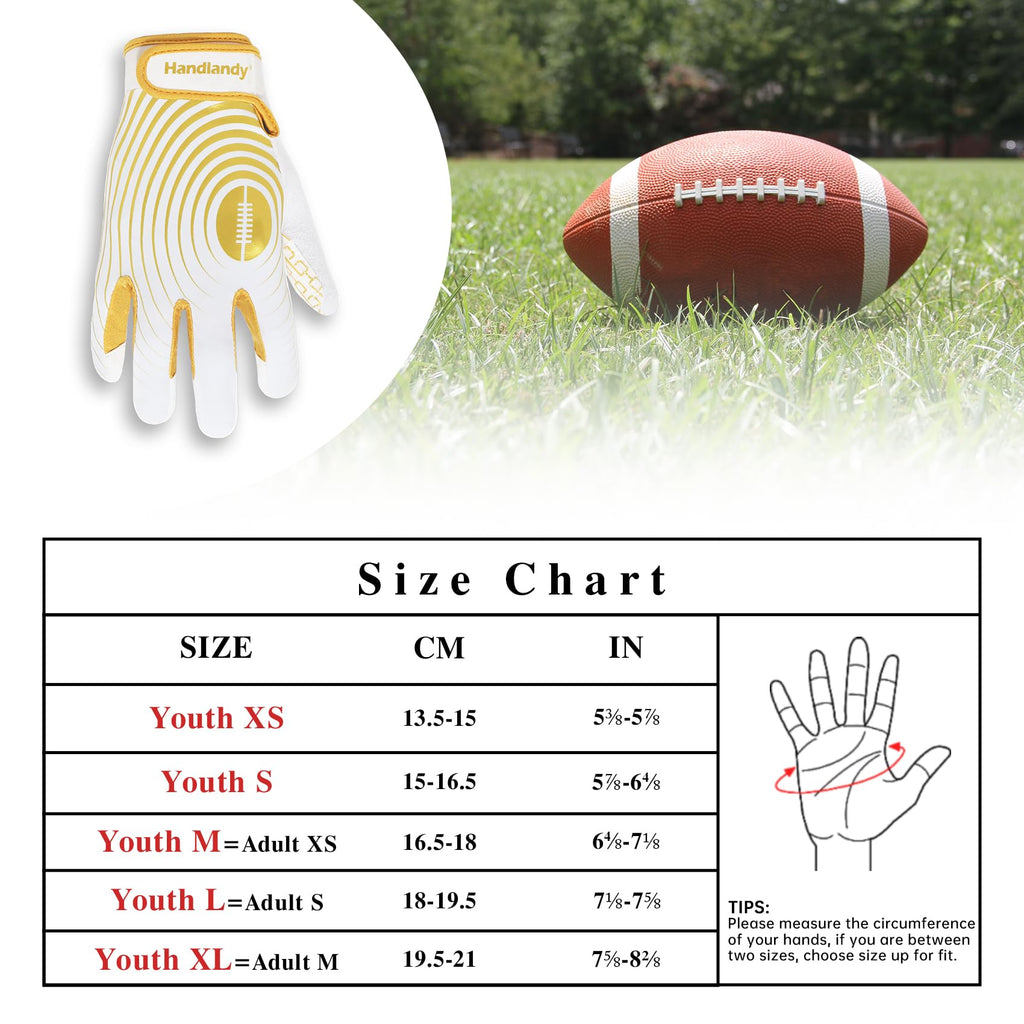 HANDLANDY Kids Football Gloves, Sticky Wide Receiver Gloves for Youth, White and Gold Stretch Fit Football Glove (White and Gold