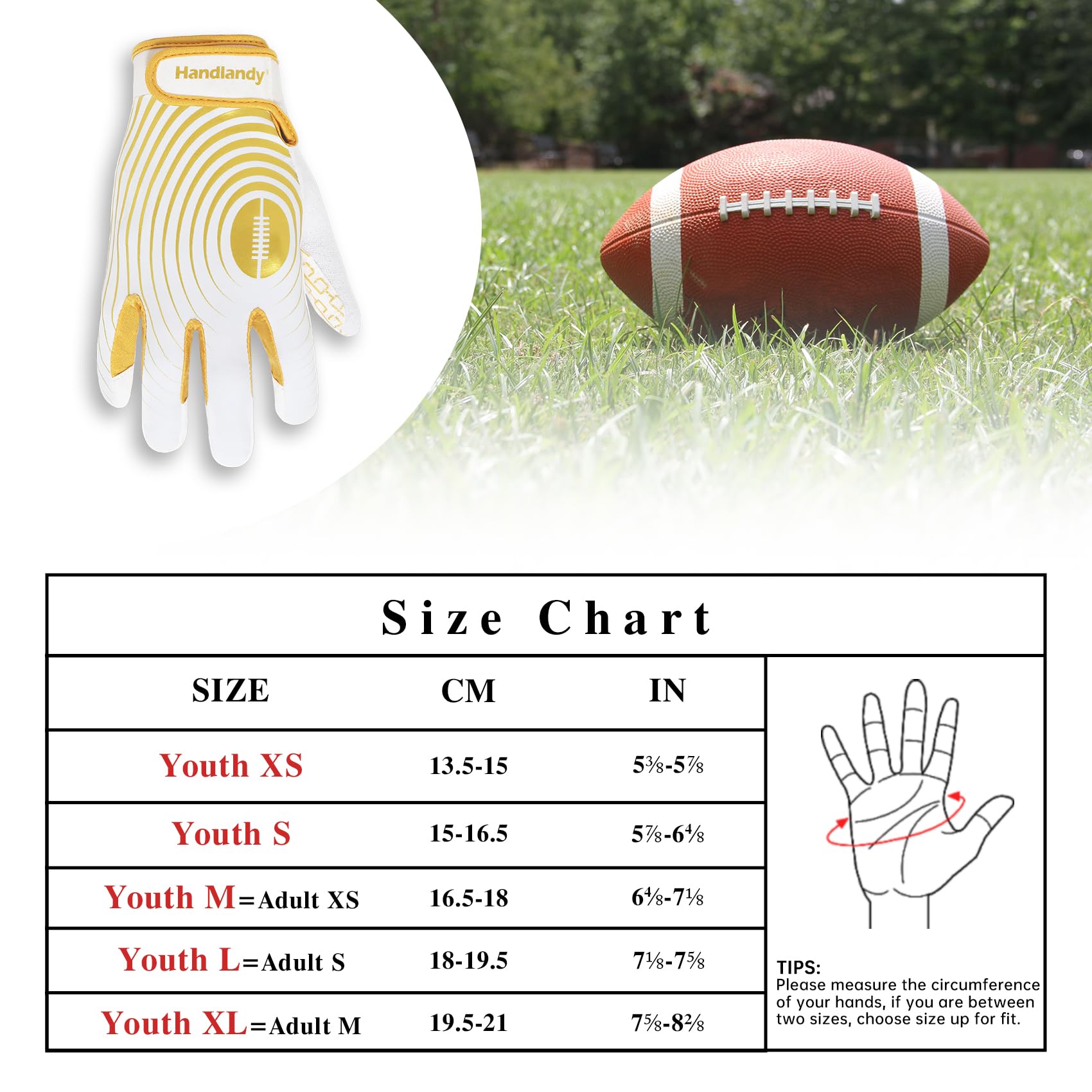 HANDLANDY Kids Football Gloves, Sticky Wide Receiver Gloves for Youth, White and Gold Stretch Fit Football Glove (White and Gold