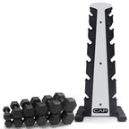 CAP Barbell 210 LB Rubber Coated Hex Dumbbell Hand Weight Set with Vertical Silver Rack | Chrome Handles