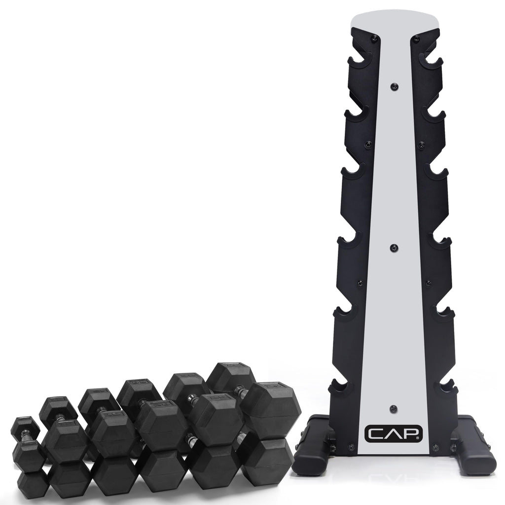 CAP Barbell 210 LB Rubber Coated Hex Dumbbell Hand Weight Set with Vertical Silver Rack | Chrome Handles