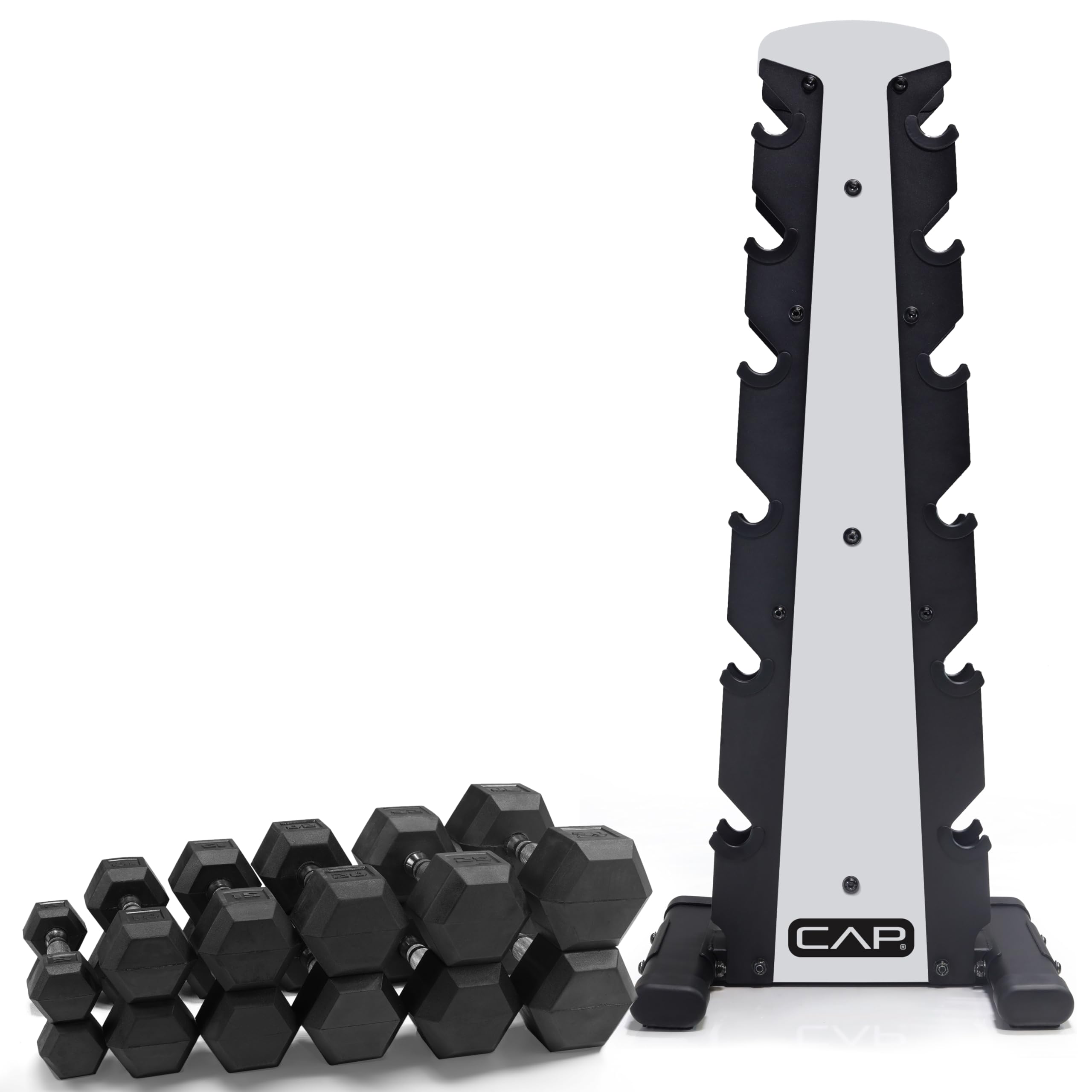 CAP Barbell 210 LB Rubber Coated Hex Dumbbell Hand Weight Set with Vertical Silver Rack | Chrome Handles