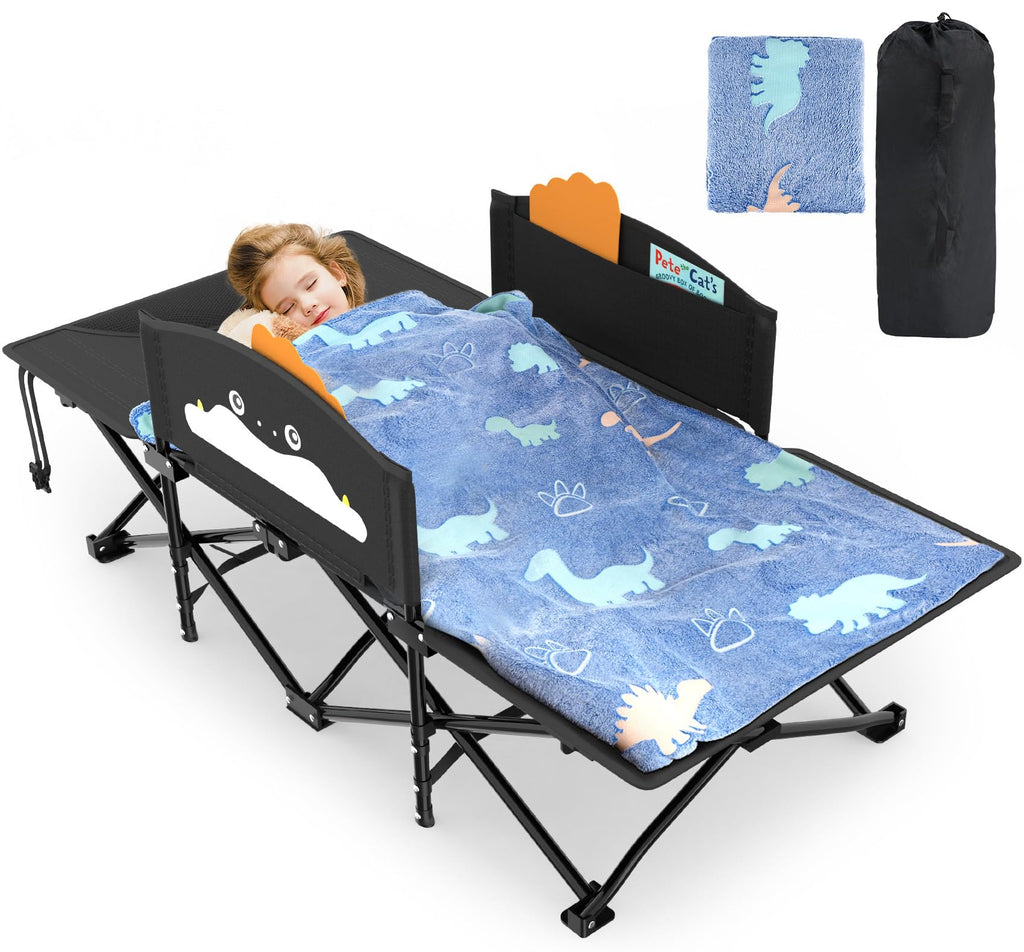 Slendor Toddle Cot, Toddler Portable Bed W/Cartoon Handrail, Blanket (5Ft X 4Ft), Folding Toddler Cots For Camping, Travel Bed,