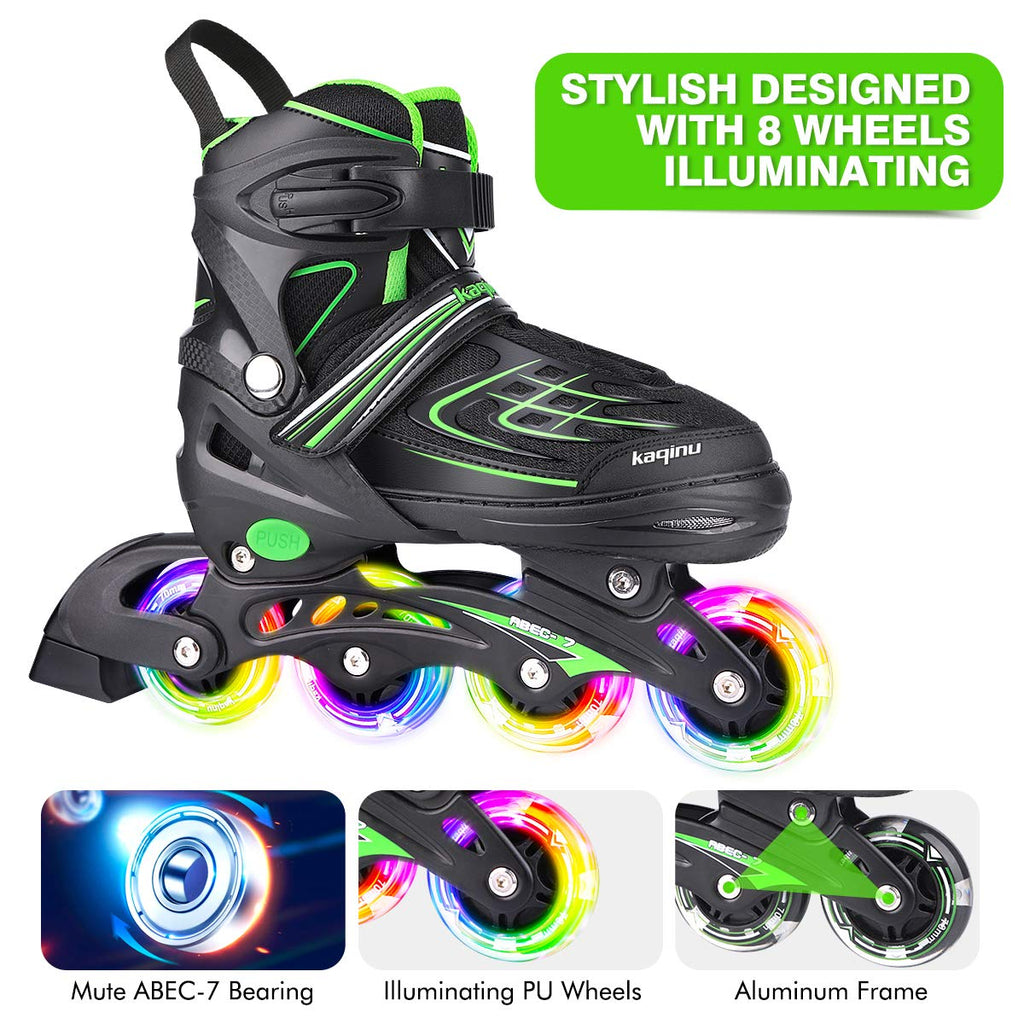 Kaqinu Adjustable Inline Skates, Outdoor Inline Skates With Full Illuminating Wheels For Women, Kids, Girls And Boys (Green, L)