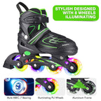 Kaqinu Adjustable Inline Skates, Outdoor Inline Skates With Full Illuminating Wheels For Women, Kids, Girls And Boys (Green, L)
