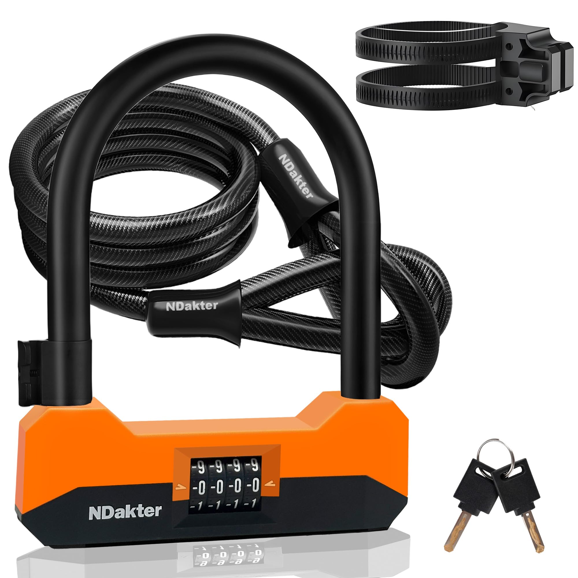 NDakter Bike Locks Heavy Duty Anti Theft, 18mm Bicycle Combo U Lock, 4-Digit Resettable Combination Lock with 5FT Steel Cable an