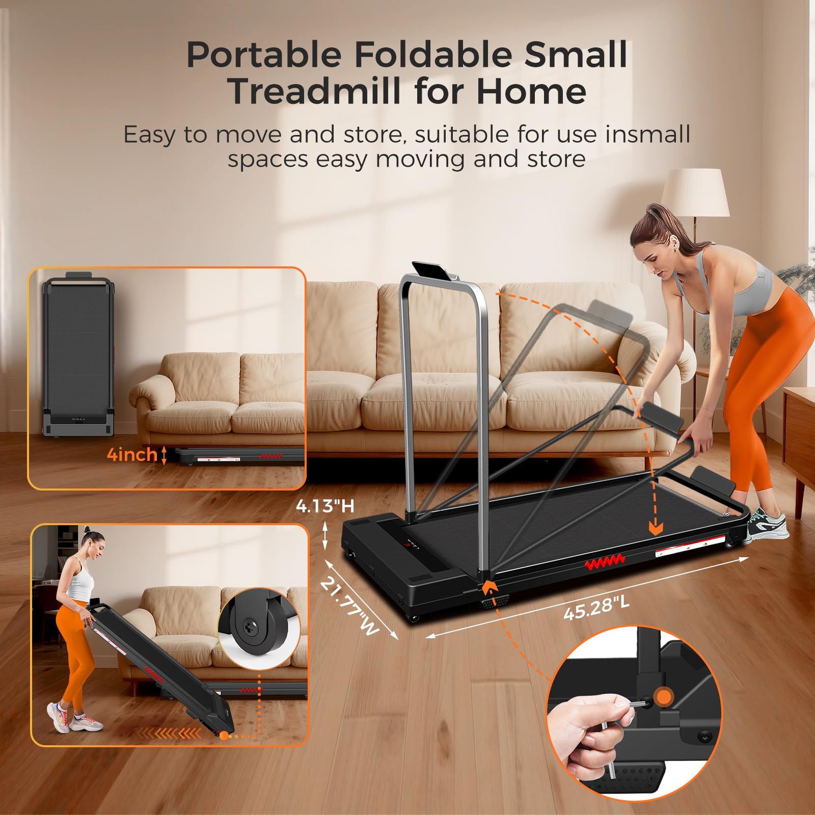 Futureglide Walking Pad Treadmill, 3.0 Hp Under Desk Treadmill, 3 In 1 Foldable Treadmills For Home, Walking Pad With Handle Bar