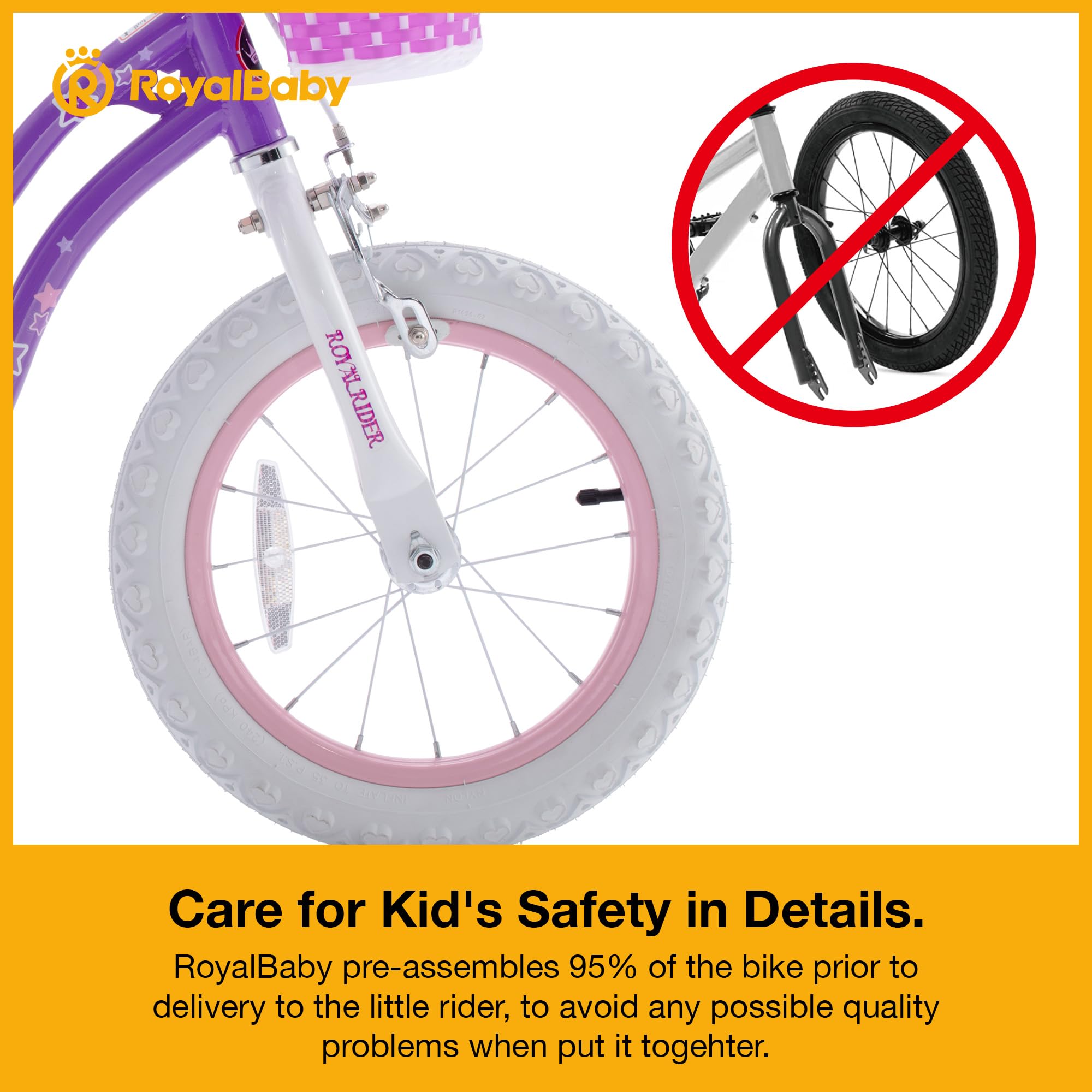 Royalbaby Stargirl 12 Inch Kids Outdoor Bicycle With Accessory Basket, Bell, Thick Wheels, And Safety Training Wheels For Ages 2