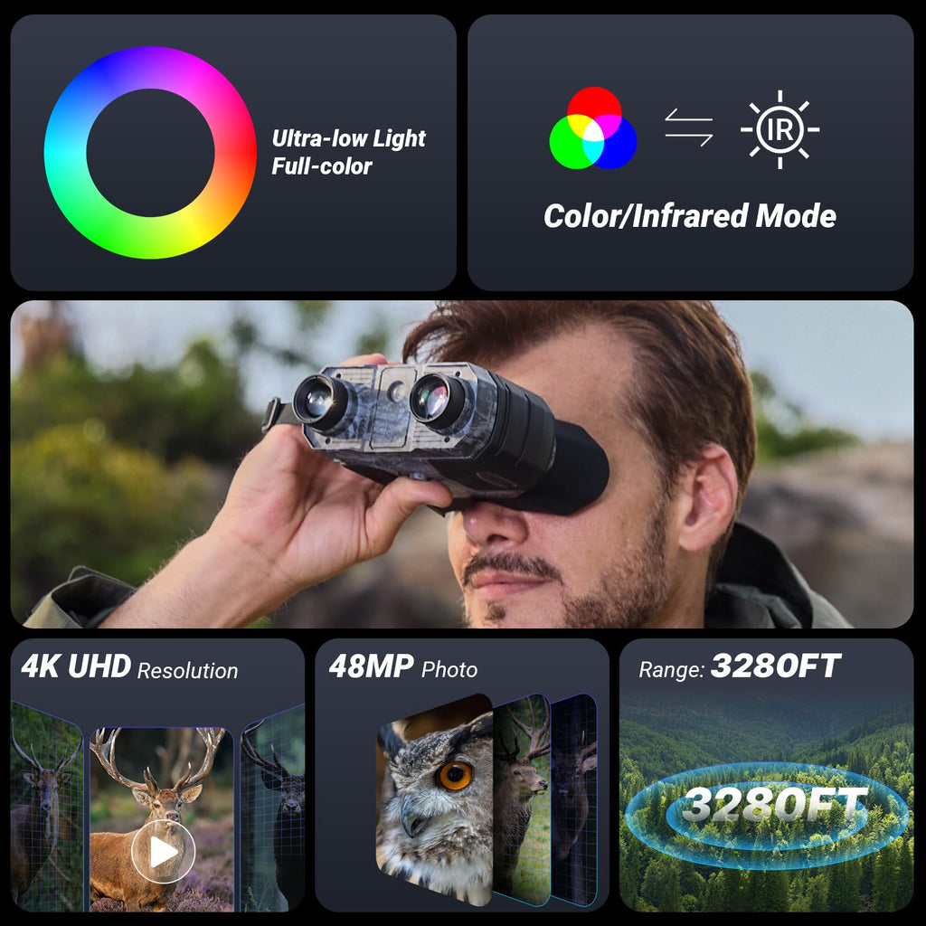 WOSPORTS 4K Night Vision Goggles with 48MP Photo, 3280ft Full Color Vision, 1300ft IR Distance, 3 HD Screen, 10X Optical Zoom, 5