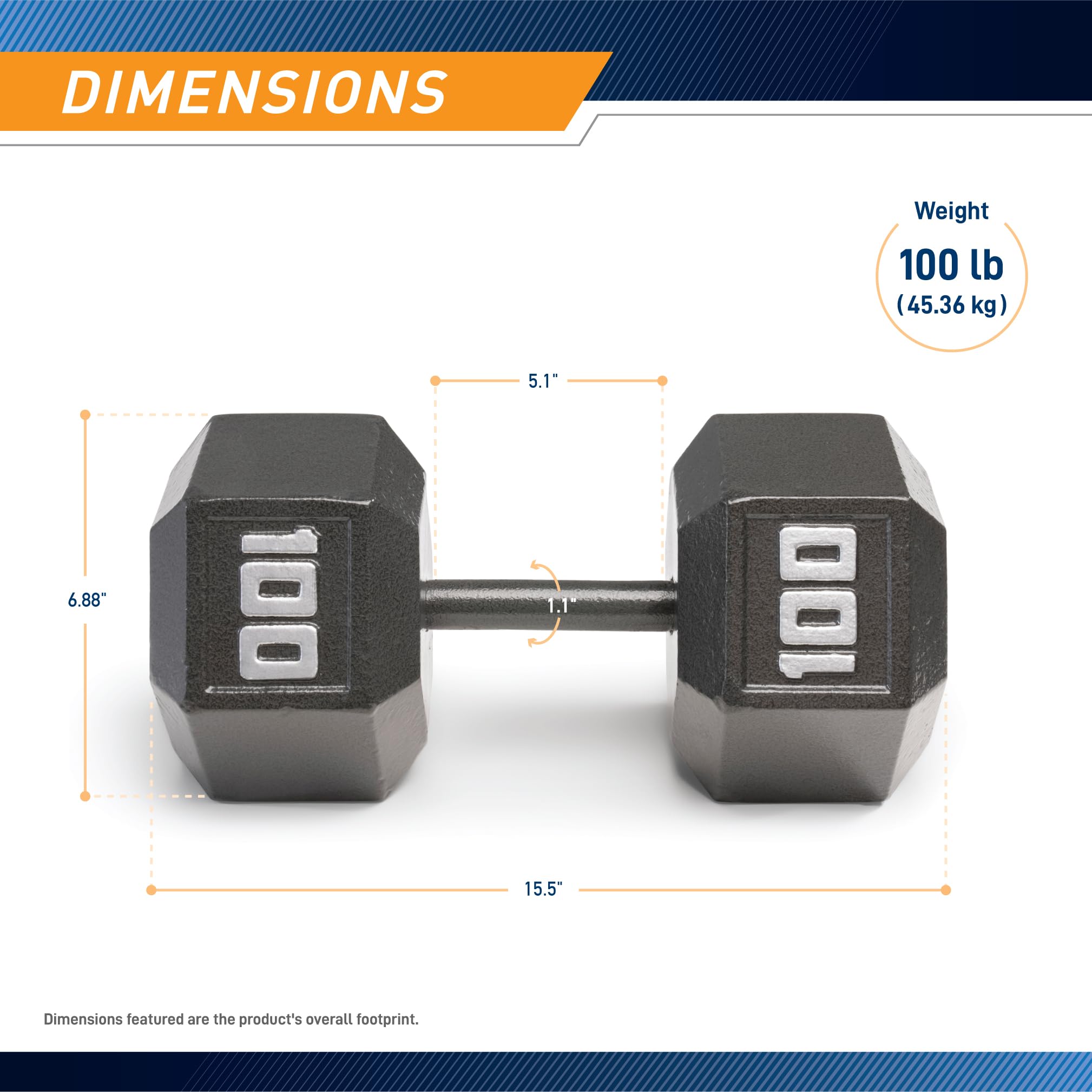 Marcy 100lb Cast Iron Hex Dumbbell, Single, IV-2100, Black, 100lbs