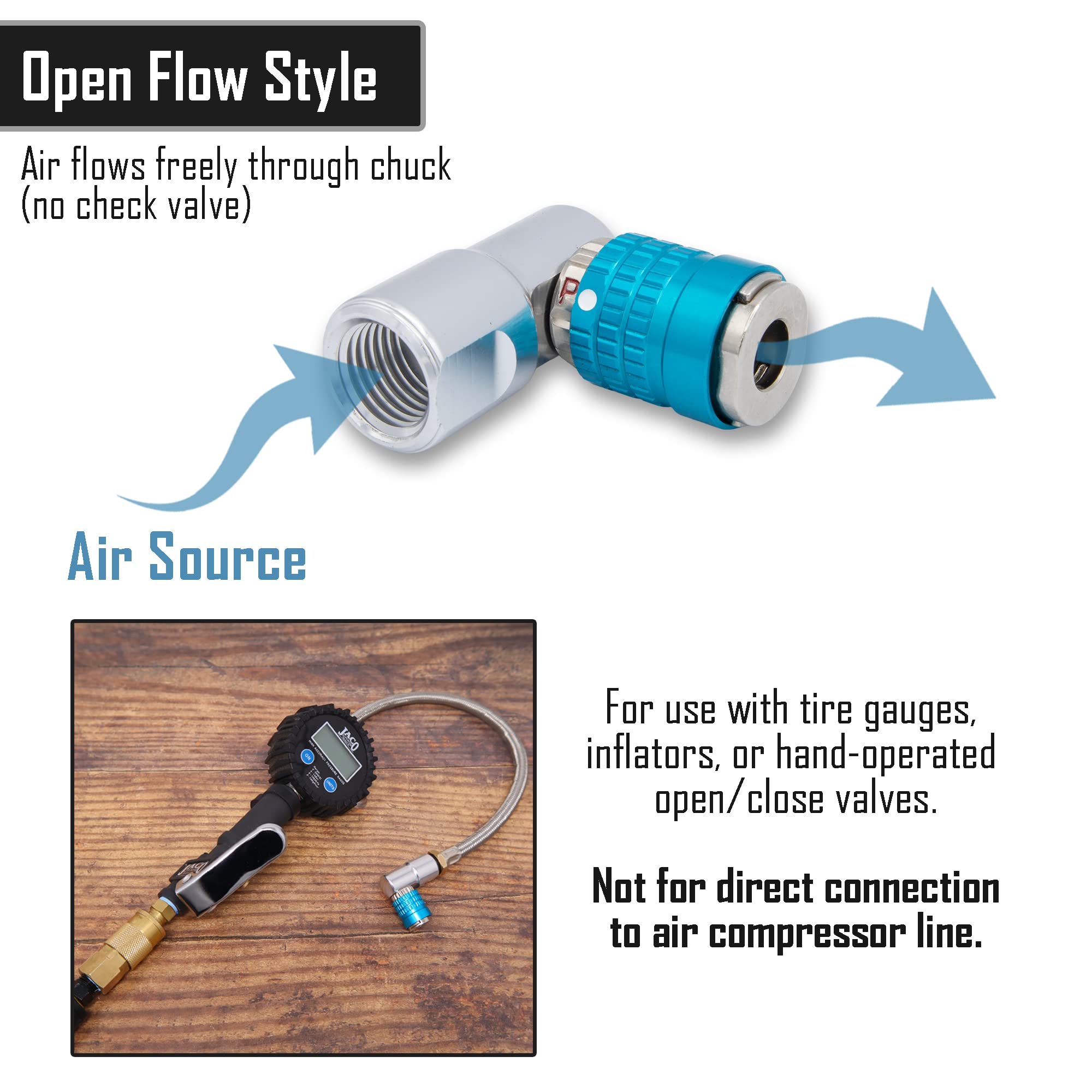 Jaco Lightning Bike Tire Air Chuck (L3-Series) | Presta & Schrader Valves | Open Flow, 1/4'' F-Npt (2 Pack)