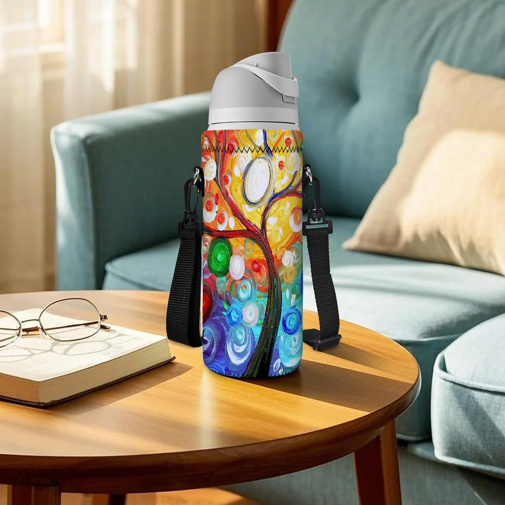 Aupet Water Bottle Carrier,Colorful Tree 500Ml Water Sport Bottle Cover Pouch Insulated Soft Sleeve Holder Case Shoulder Strap