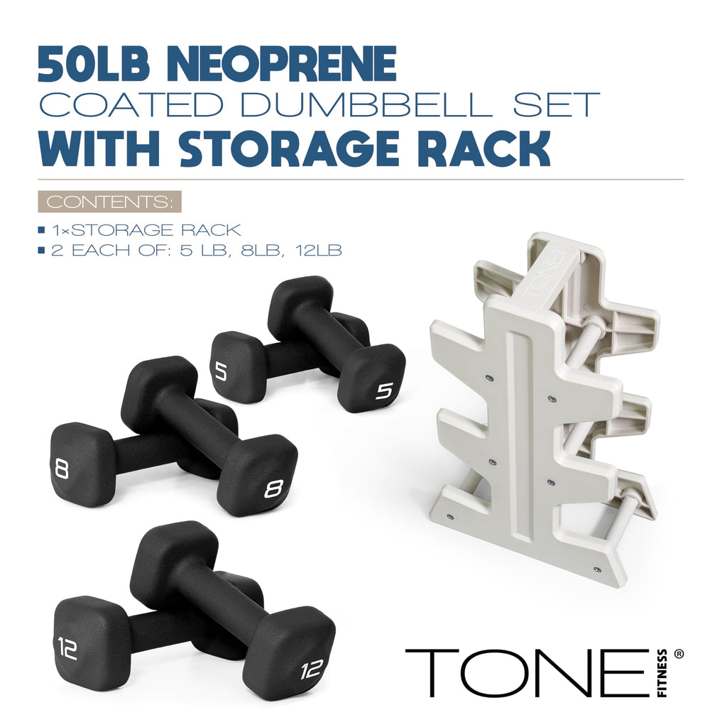 Tone Fitness 50 LB Neoprene Dumbbell Set with Storage Rack - Non-Slip, Anti-Roll Hand Weights for Home Gym Workouts - Black