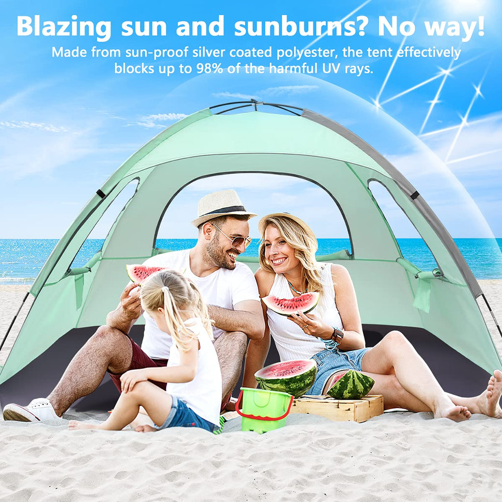 Nxone Beach Tent Sun Shade Shelter For 2-3 Person With Uv Protection, Extended Floor, 3 Mesh Roll Up Windows & 8.0Mm Fiberglass