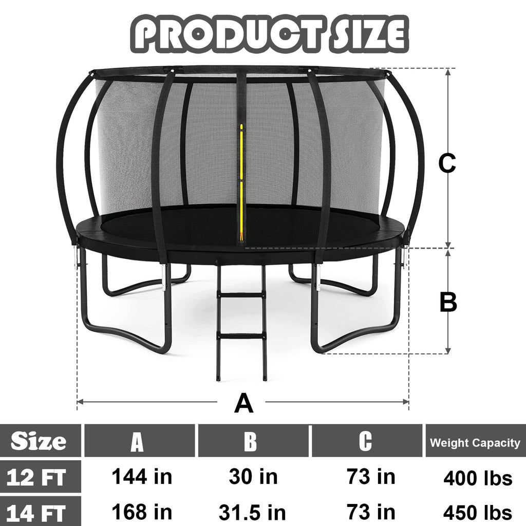 Liyarya 12FT Trampoline for Kids/Adults - Outdoor Trampolines with Enclosure Net Curved Poles and Ladder, Heavy Duty Trampoline