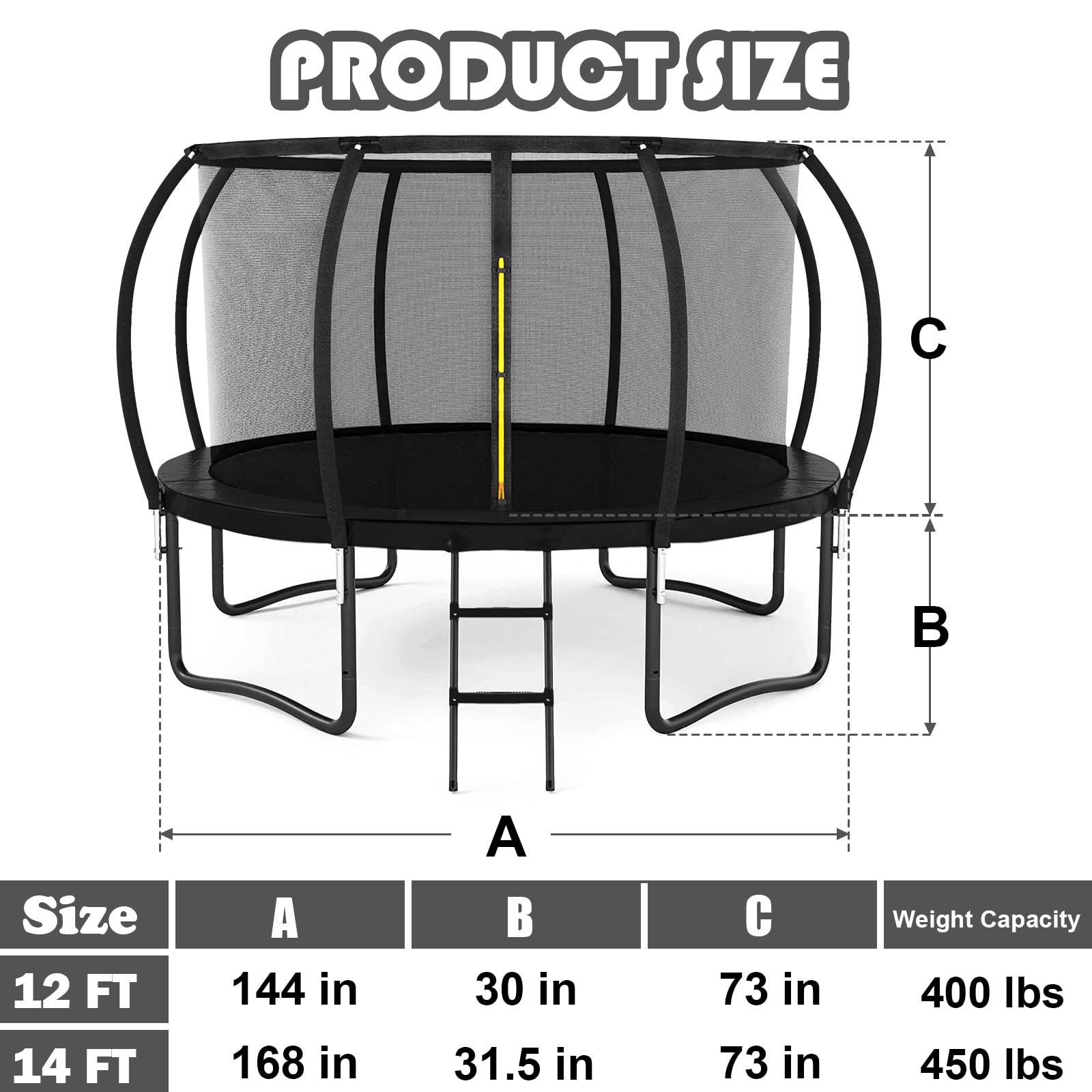 Liyarya 12FT Trampoline for Kids/Adults - Outdoor Trampolines with Enclosure Net Curved Poles and Ladder, Heavy Duty Trampoline