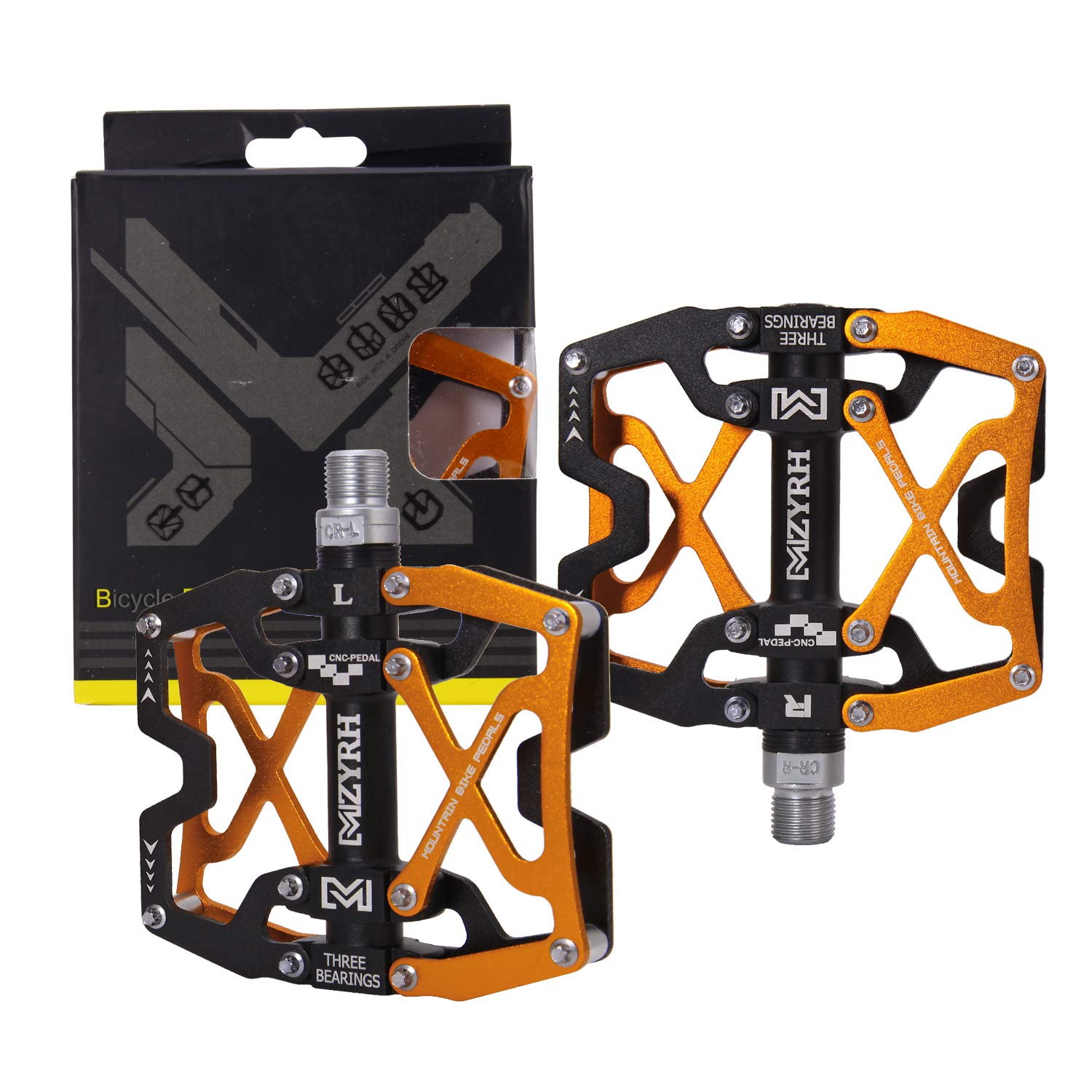 Mzyrh Mountain Bike Pedals, Ultra Strong Colorful Cnc Machined 9/16'' Cycling Sealed 3 Bearing Pedals (Black Black Glod 3 Bearin
