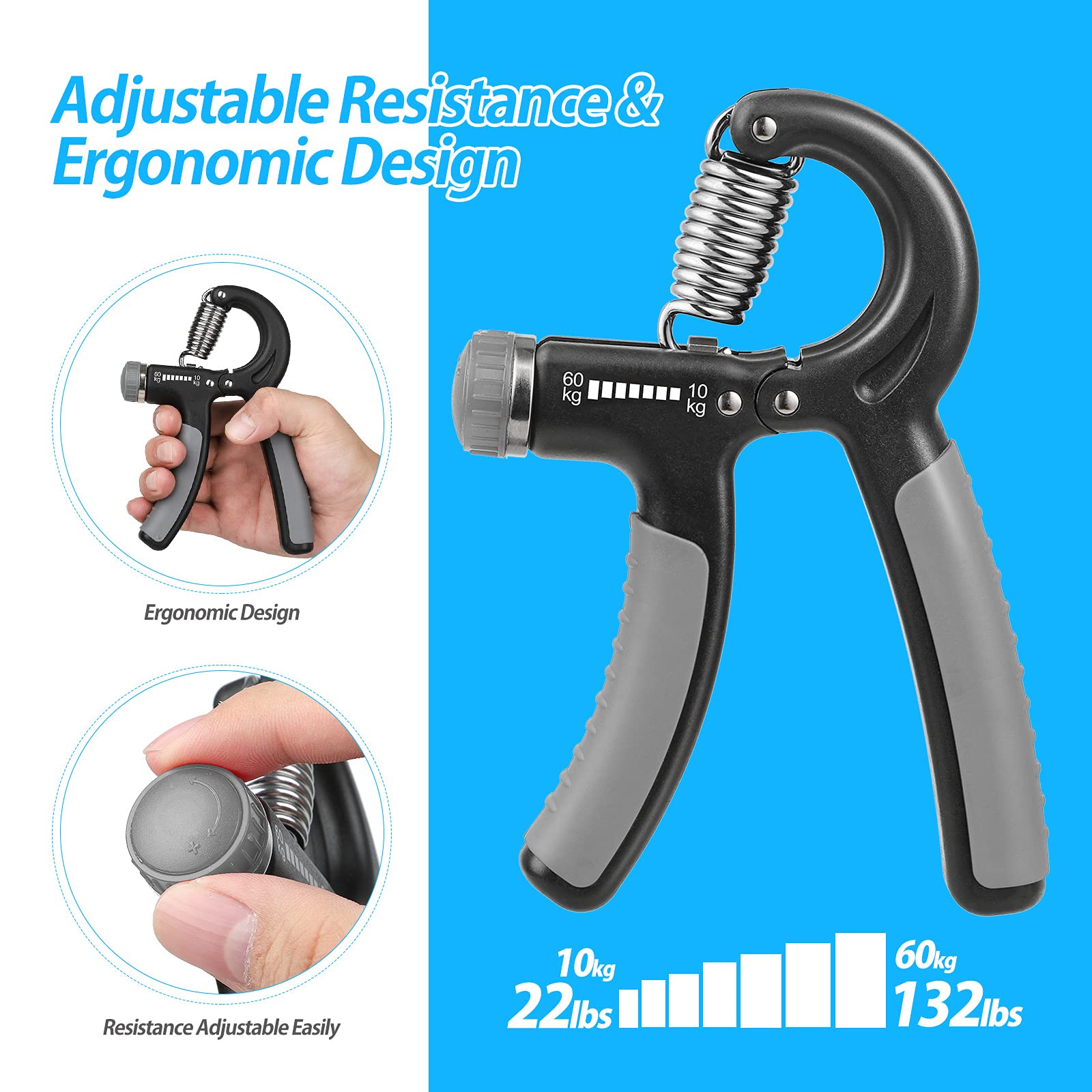 Niyikow 2 Pack Grip Strength Trainer, Hand Grip Strengthener, Adjustable Resistance 22-132Lbs (10-60Kg), Non-Slip Gripper, Perfe