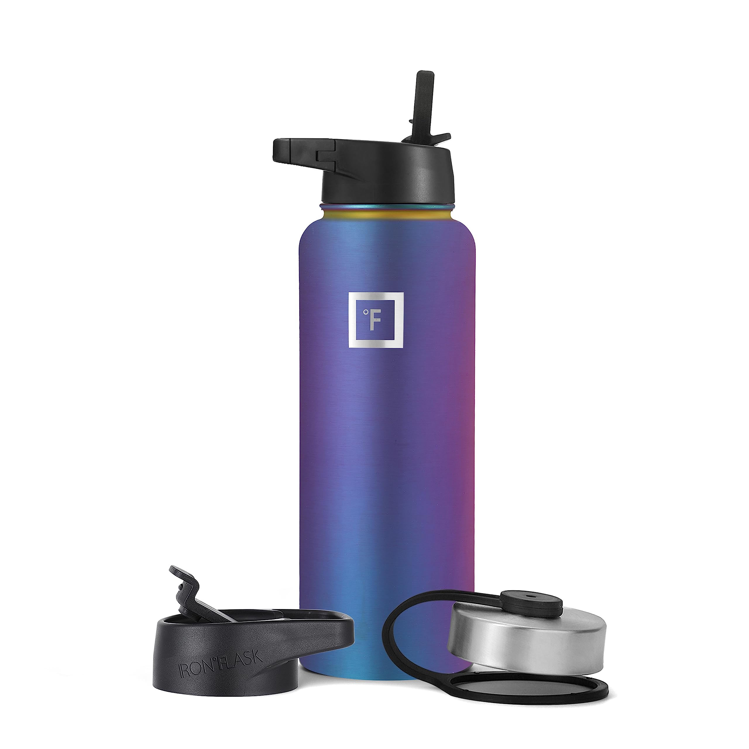 Iron Flask Camping & Hiking Hydration Flask, Wide Mouth, 3 Straw Lids, Stainless Steel Outdoor Water Bottle, Double Walled, Insu