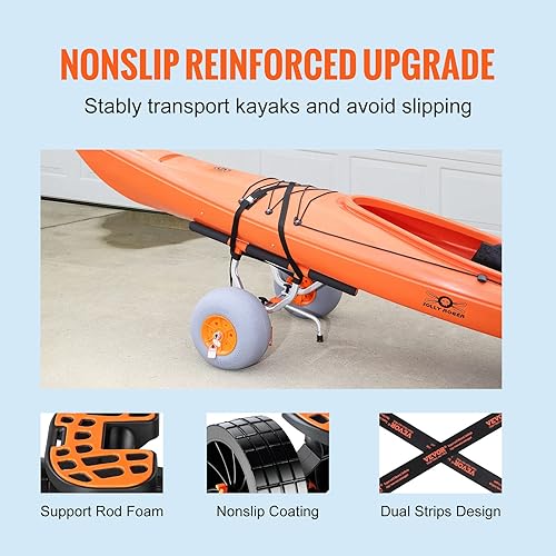 Vevor Heavy Duty Kayak Cart, 350Lbs Load Capacity, Foldable Canoe Trolley With 13'' Beach Wheels, Adjustable Carrier Width & Non