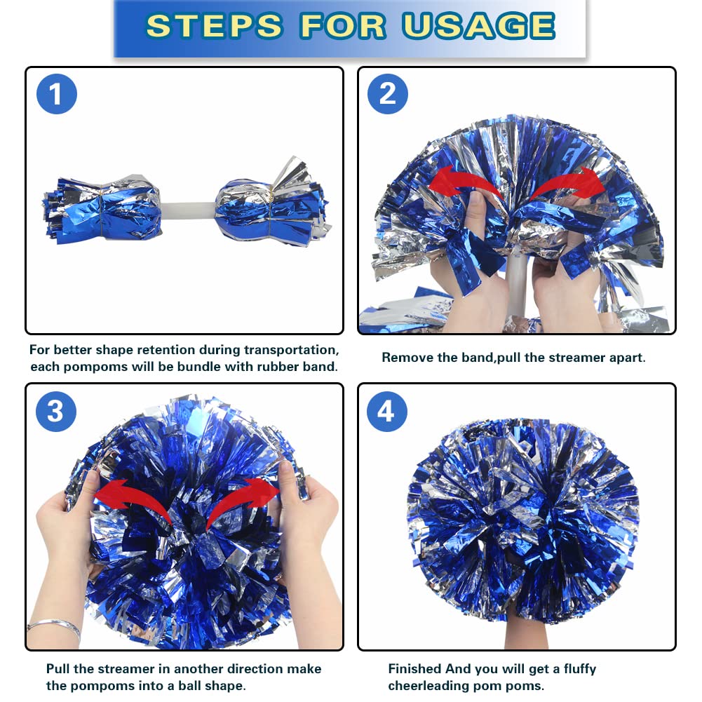 Lovecheer 2Pcs Pom Poms Cheerleading Blue And Silver Metallic Cheer Pom Poms With Baton Handle For Sports Team Spirit Party Chee