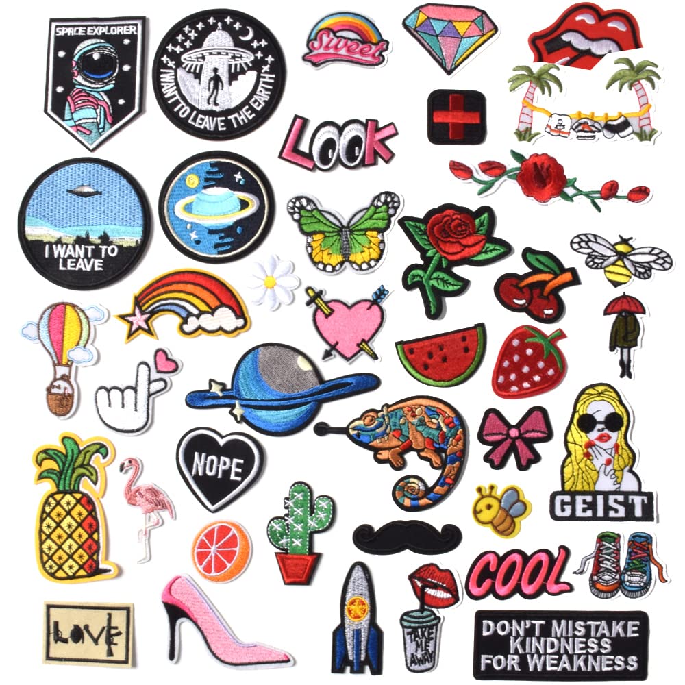 Jcarp 42Pcs Random Assorted Embroidered Iron On Patches, Cute Sewing Applique For Jackets, Hats, Backpacks, Jeans, Diy Accessori