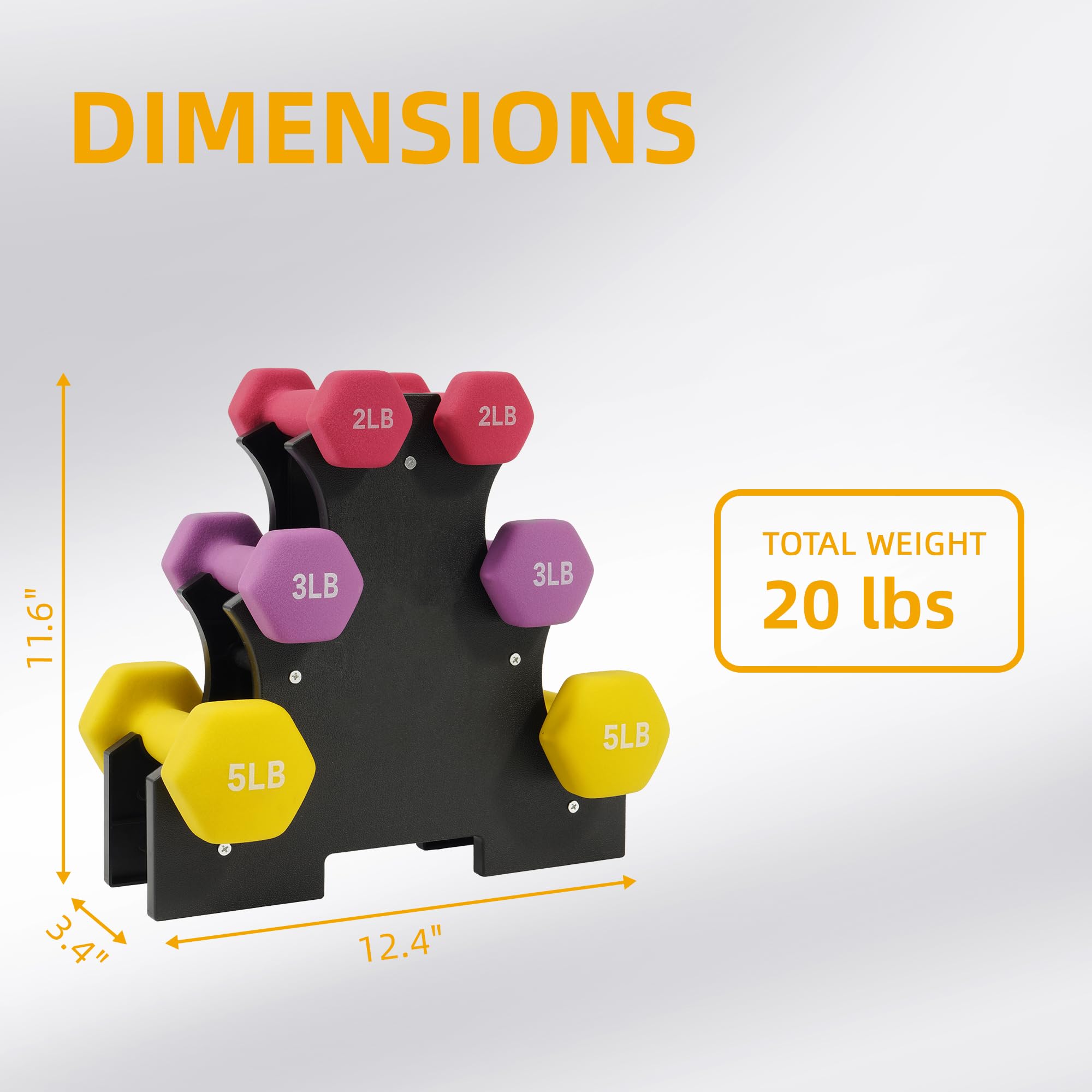 Fitvids Colored Neoprene Dumbbell Set with Rack - Multiple Weight Options - 20LBS Set (2/3/5LB Pairs) - Color Series