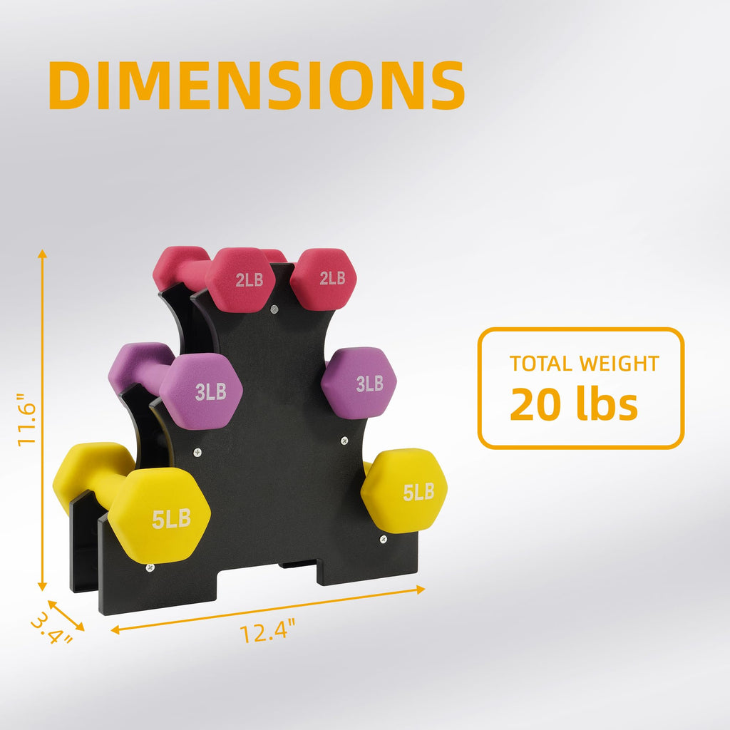 Fitvids Neoprene Dumbbell Set with Rack - Multiple Weight Options - 20LB Set (2/3/5LB Pairs) - Color Series