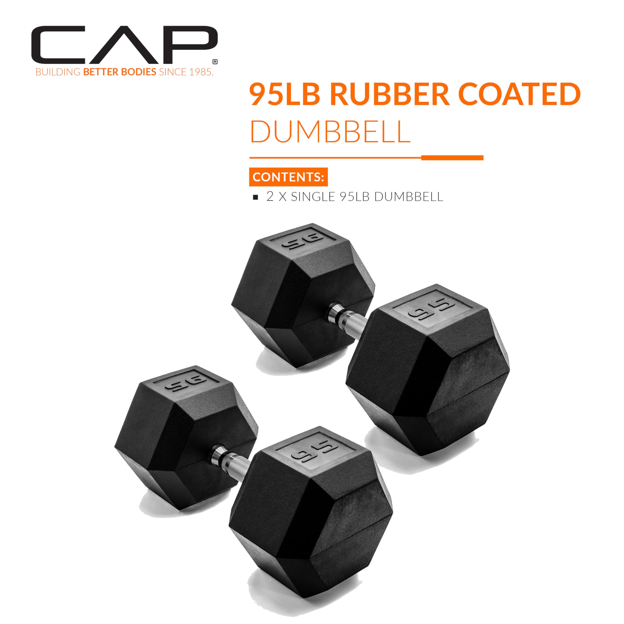 CAP Barbell 95 LB Rubber Coated Hex Dumbbell Hand Weight - Pair | Chrome Handle