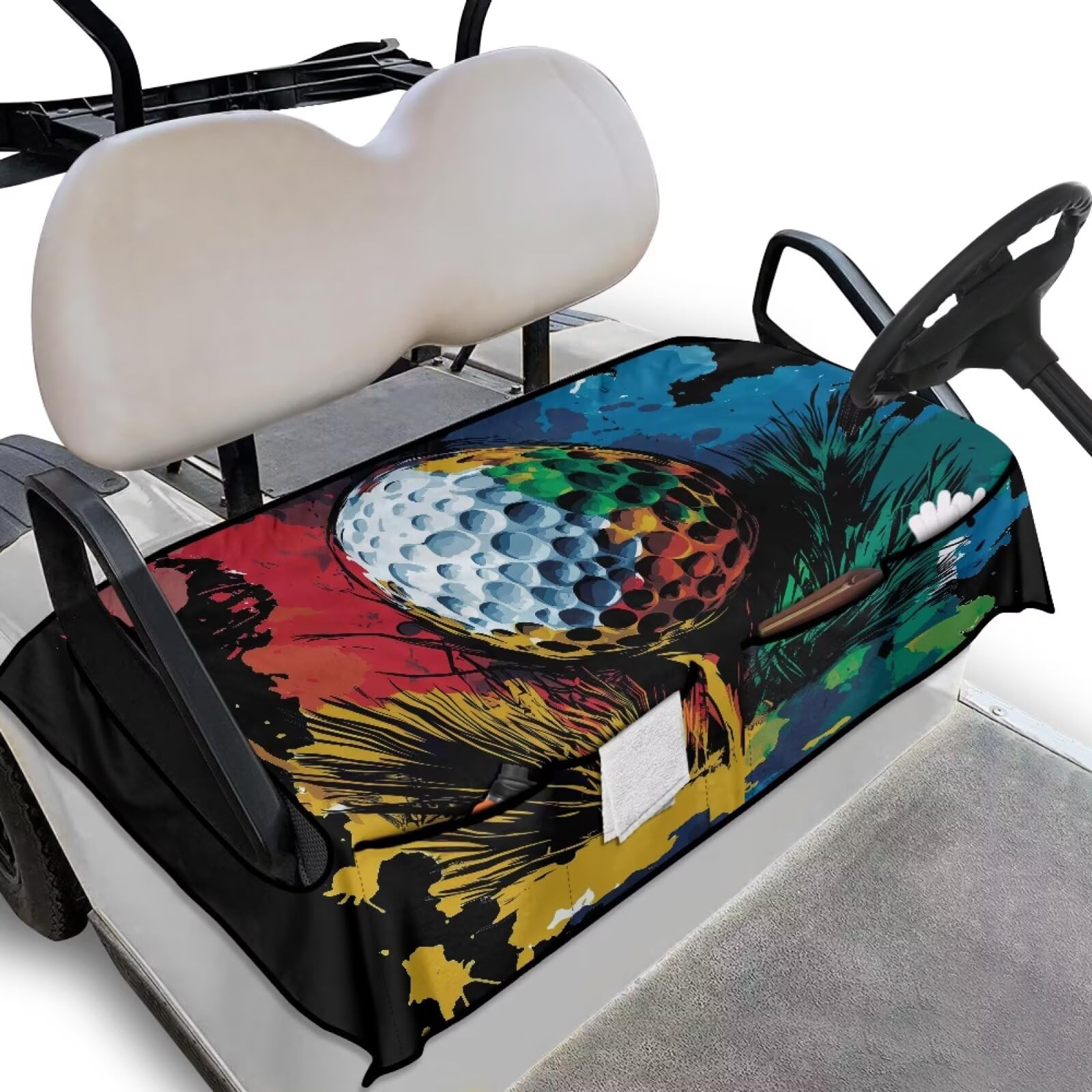 Knextrepoy Golf Cart Seat Covers, Universal 2-Seat, Multicolor Polyester, Non-Slip, 4 Front Pockets, Warm & Dry, Easy Install, G