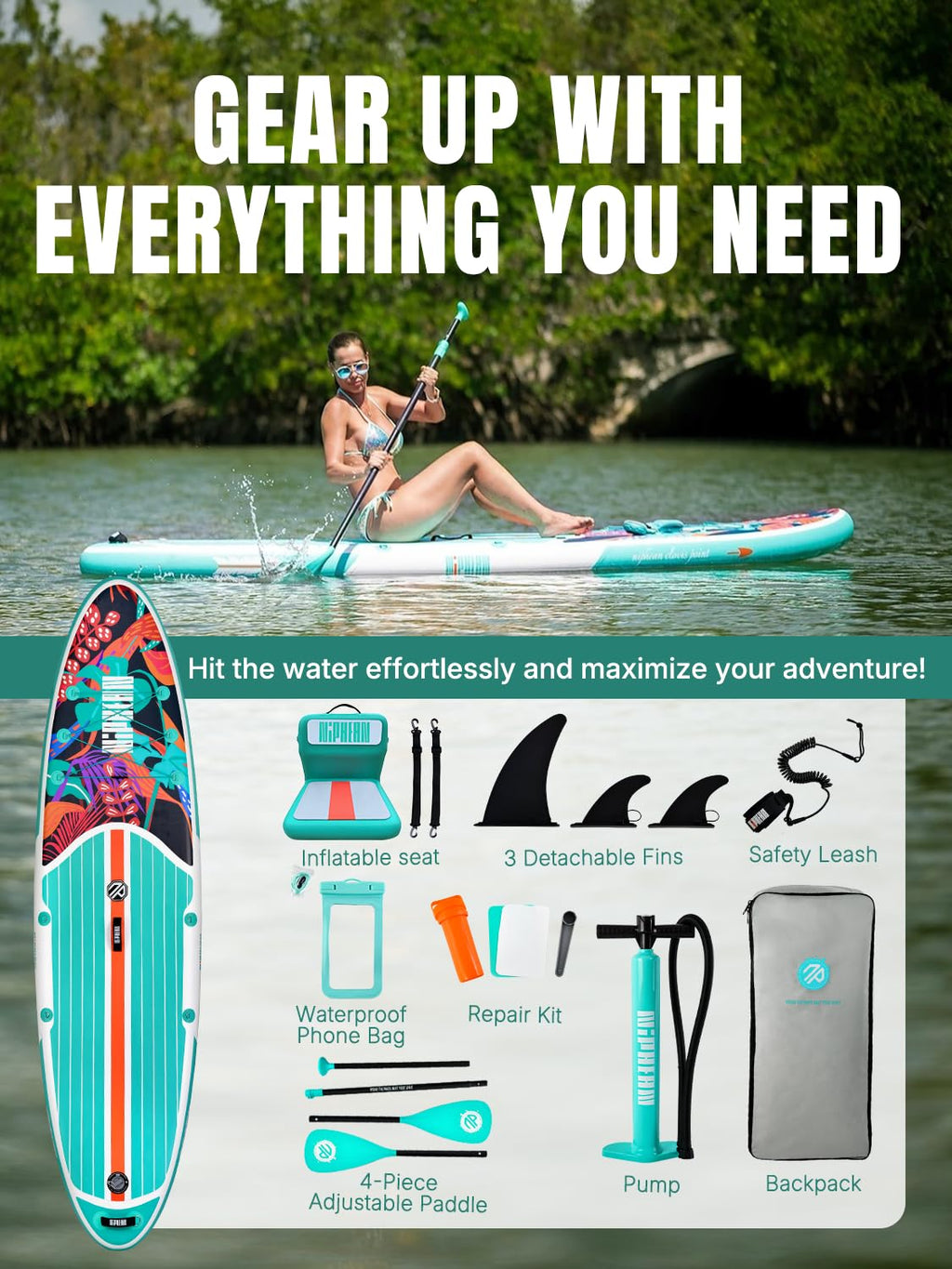Niphean Paddle Board with Seat, 106 Paddleboard Inflatable Paddle Board with Seat Anti-Slip EVA Deck, Inflatable Paddle Boards f