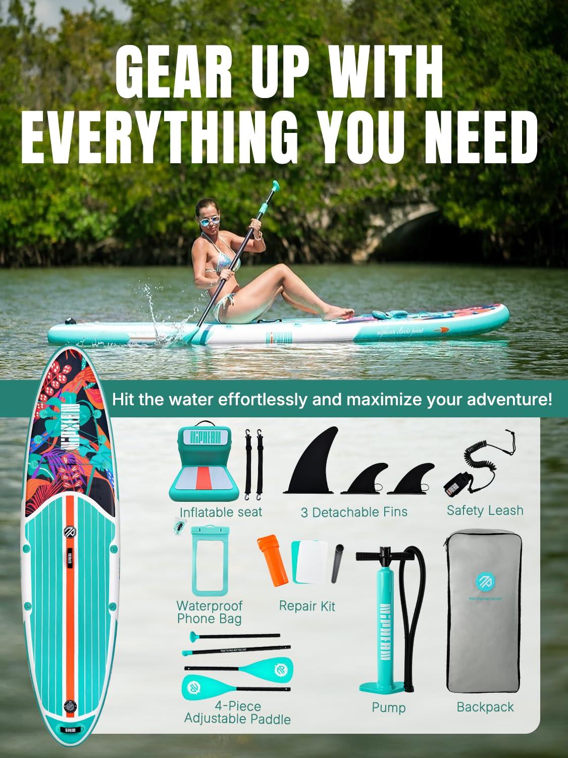 Niphean Paddle Board with Seat, 106 Paddleboard Inflatable Paddle Board with Seat Anti-Slip EVA Deck, Inflatable Paddle Boards f
