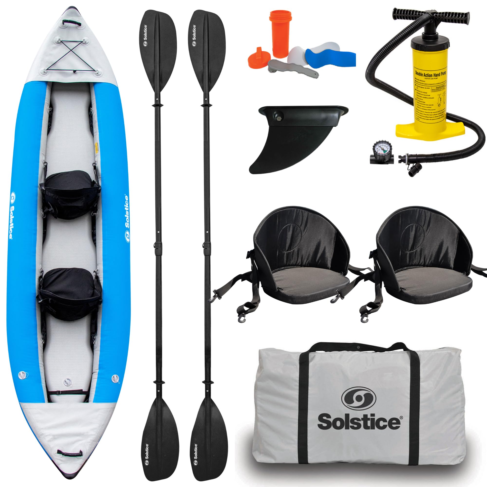 SOLSTICE Inflatable Kayak Boat - Durable, Portable & Adventure-Ready, Heavy Duty PVC - Adjustable Bucket Seat, Bungee Storage, S