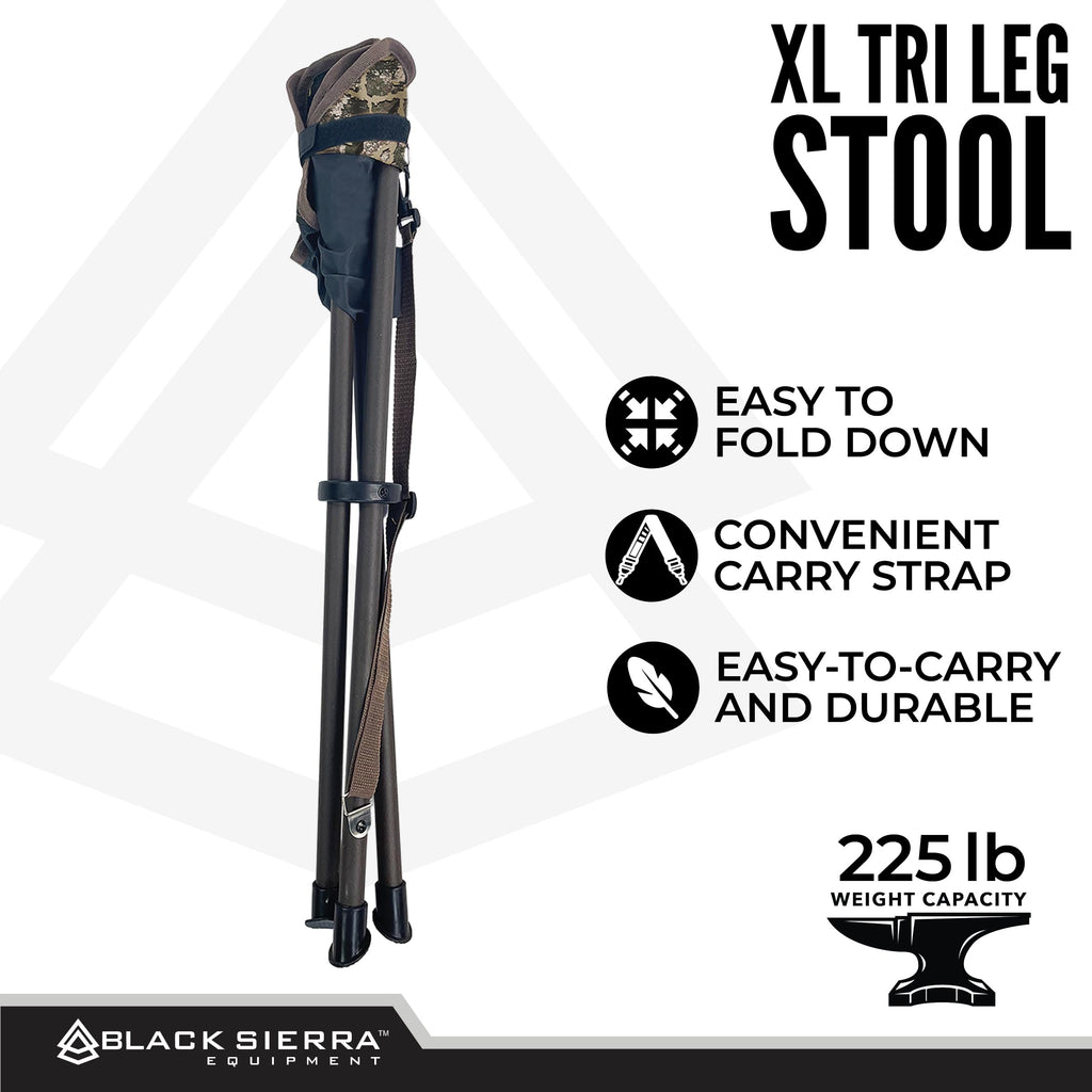 Black Sierra Folding Hunting Stool W/Shoulder Strap Supports 225 Lbs, Lightweight Collapsible Tripod Seat, Foldable Steel Frame
