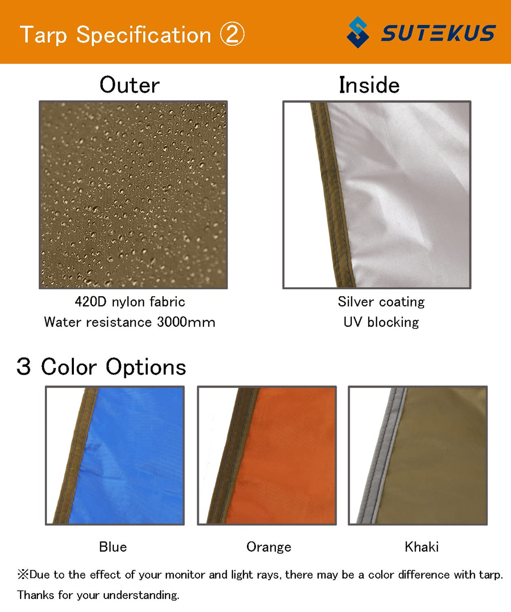 Sutekus Camping Tarp Rain Fly Tarp Waterproof Tent Tarp Lightweight Ripstop Fabric 12Ft Extra Large Tarp (Khaki)