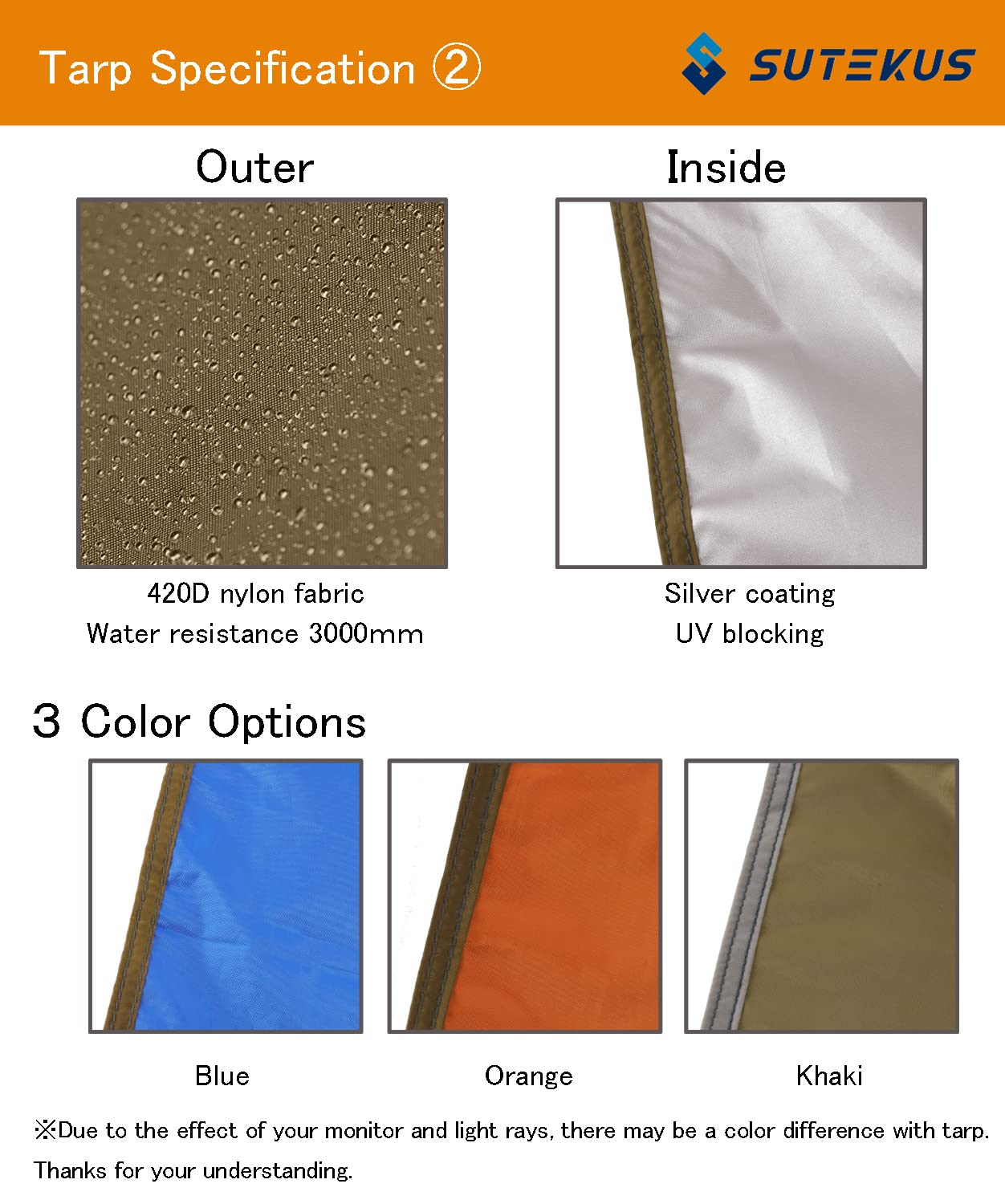 Sutekus Camping Tarp Rain Fly Tarp Waterproof Tent Tarp Lightweight Ripstop Fabric 12Ft Extra Large Tarp (Khaki)