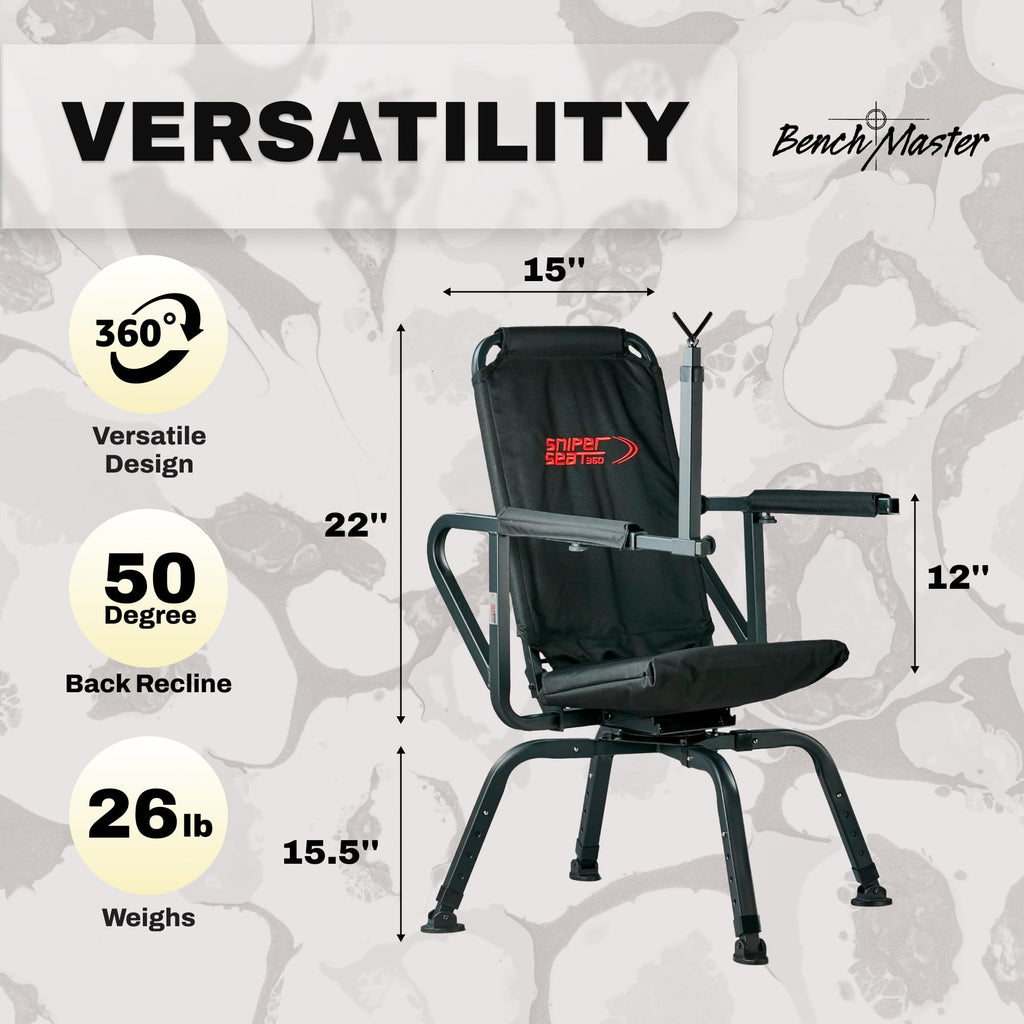 Benchmaster Sniper Seat Shooting Chair With Shooting Rest, 360 Degree Rotation, Adjustable Recline, Removable Arms, Adjustable L