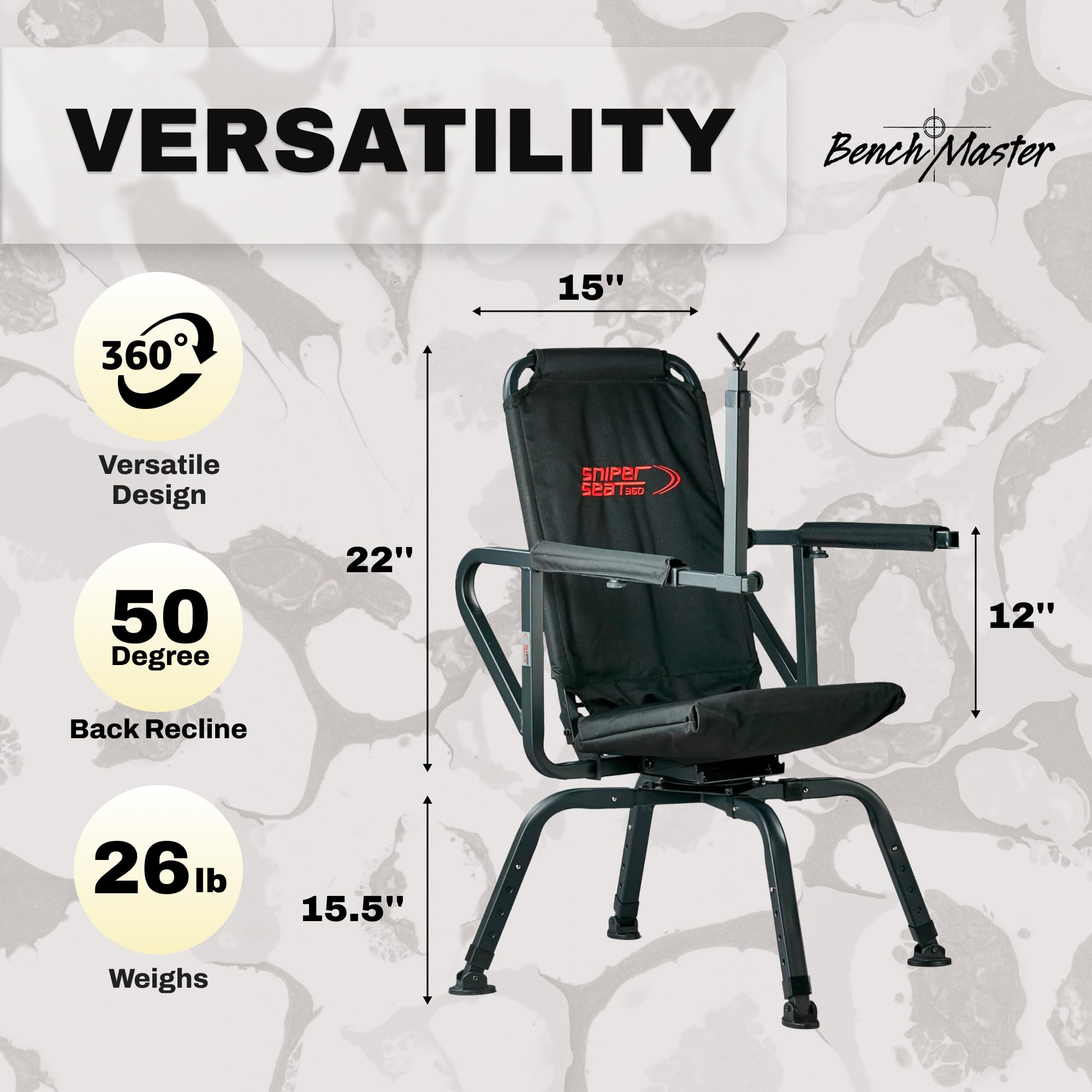 Benchmaster Sniper Seat Shooting Chair With Shooting Rest, 360 Degree Rotation, Adjustable Recline, Removable Arms, Adjustable L