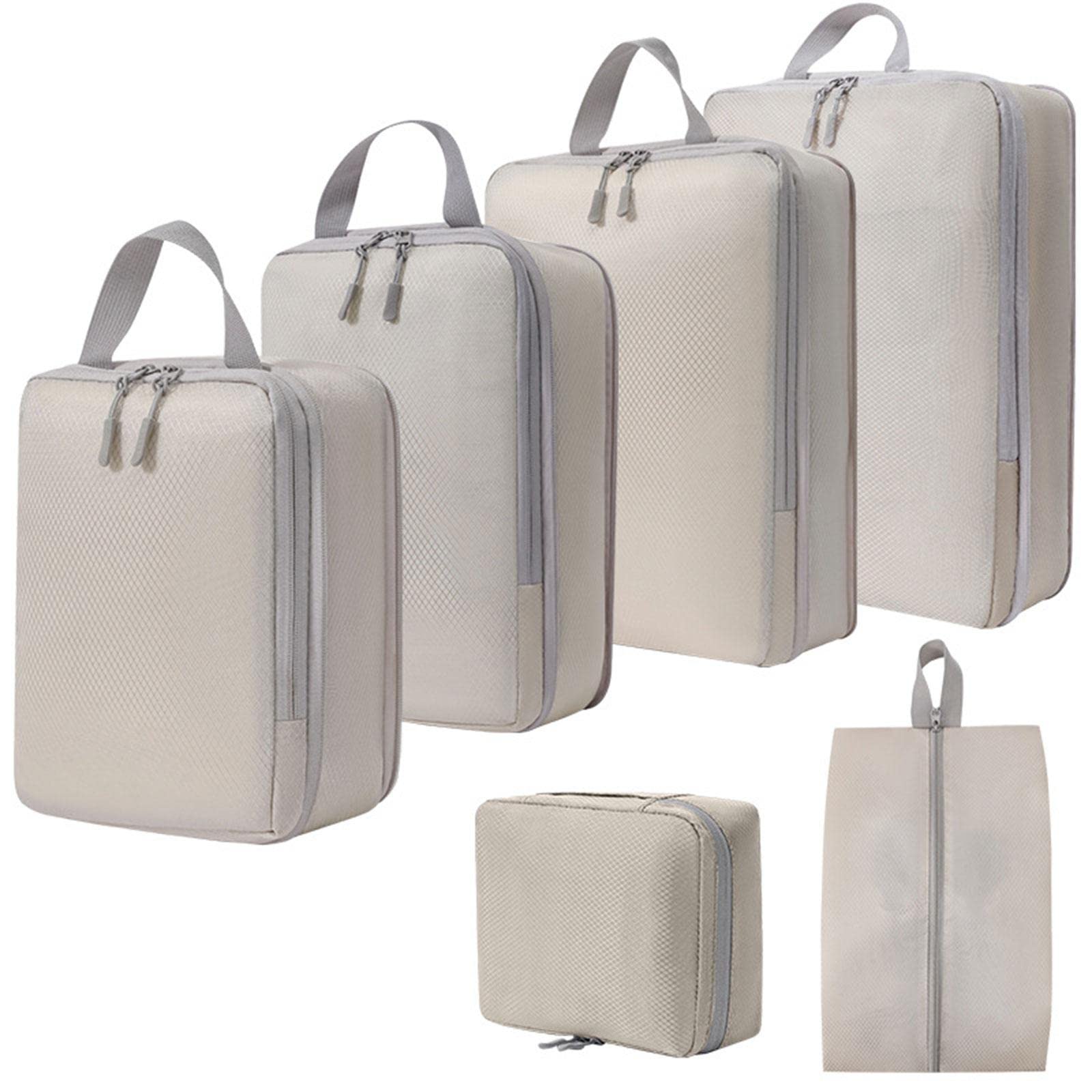 Ujeavette 6 Pieces Compression Packing Cubes Laundry Bags For Holidays Outdoor Camping Beige