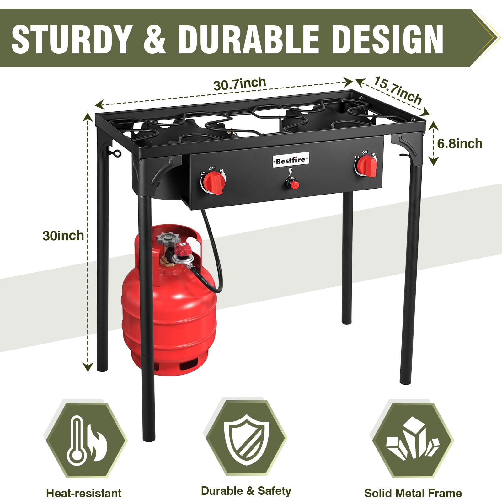 Bestfire 2 Burner Camping Stove,150,000 Btu High Pressure Outdoor Propane,4Ft 20 Psi Adjustable Regulator Hose With Removable Le