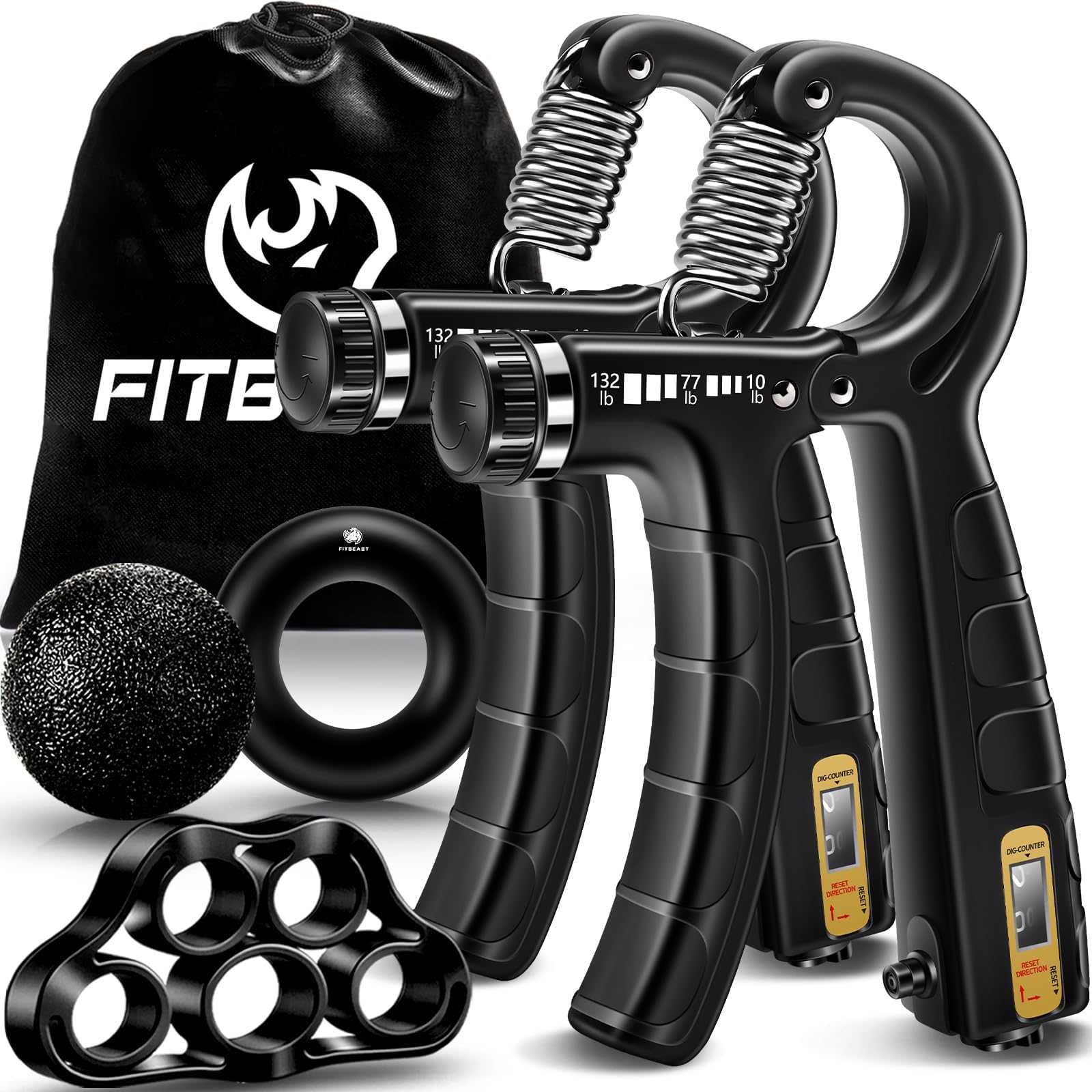 Fitbeast Hand Grip Strengthener Workout Kit (5 Pack), 2 Forearm Grip Adjustable Resistance Hand Gripper, Finger Stretcher, Grip 