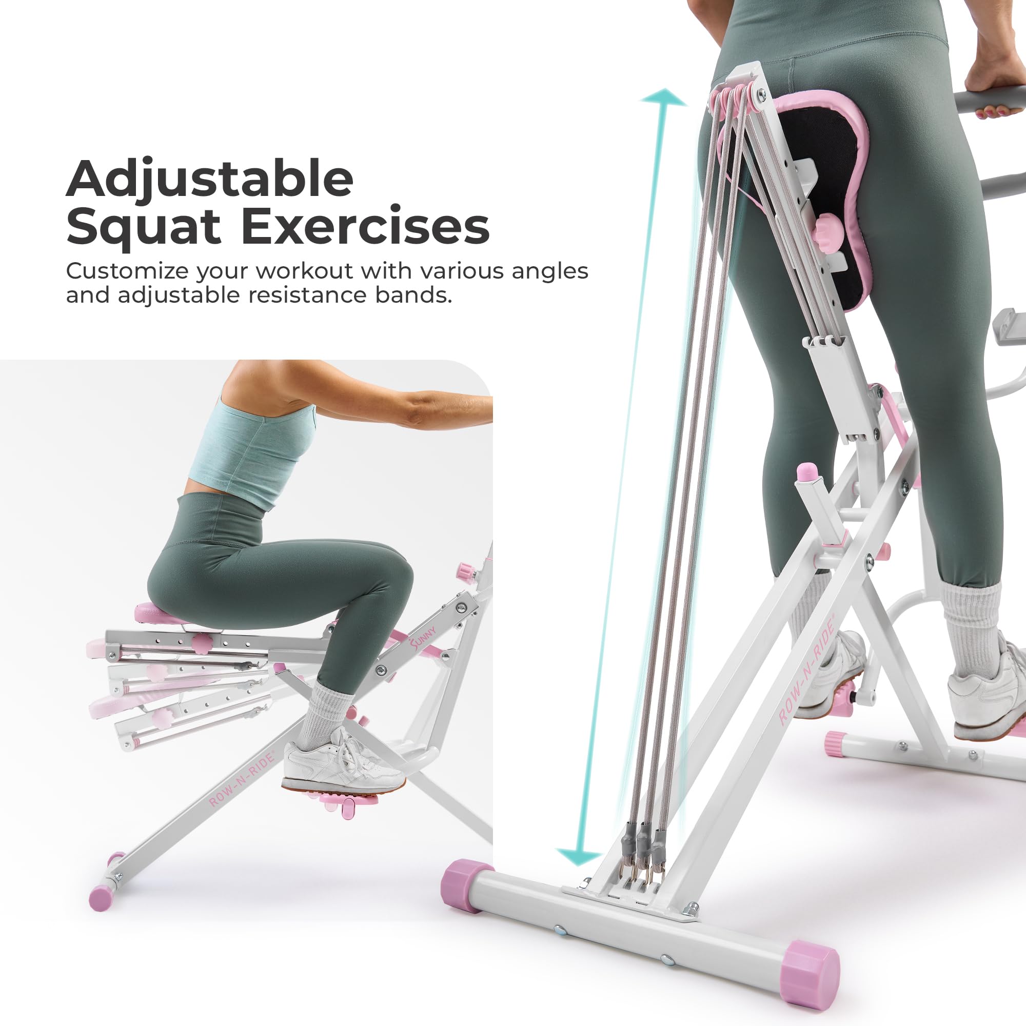 Sunny Health & Fitness Pink Row-N-Ride Plus, Squat Assist Trainer for Glutes and Full Body Workout, 330 LB Capacity, Adjustable