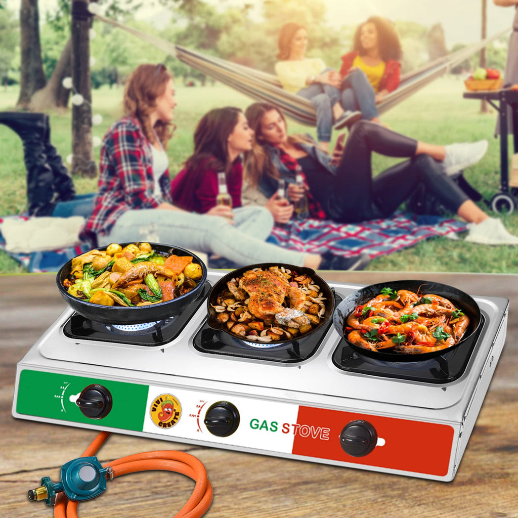 Vivicreate 3 Burner Propane Gas Stove 30000 Btu Stainless Steel Cooktop With Enamel Pan Supports Electronic Ignition For Outdoor