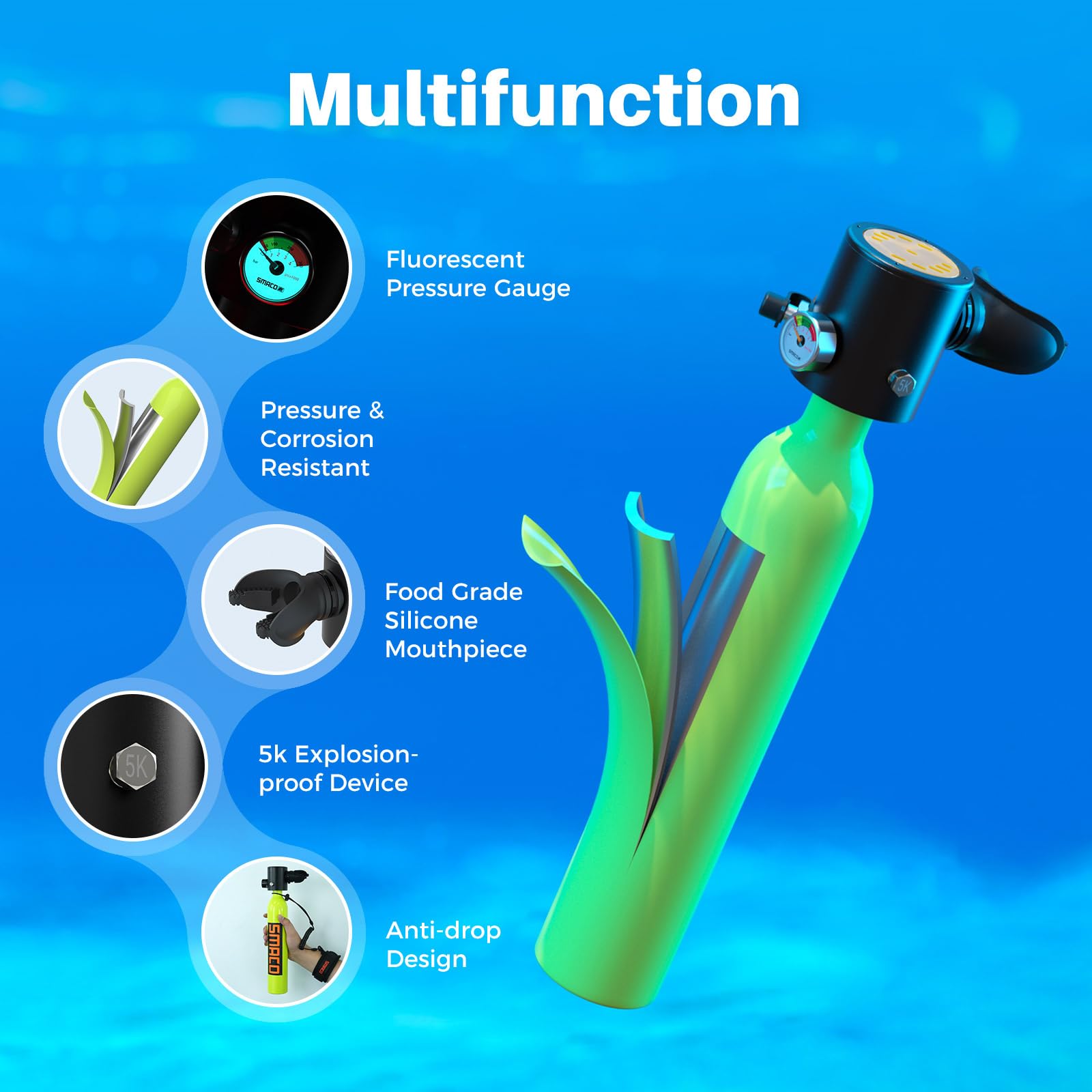 Smaco S300 Plus Mini Scuba Tank 05L Portable Mini Diving Tank Reusable Pony Bottle -Dot Certified Tank With 5-10 Minutes Backup