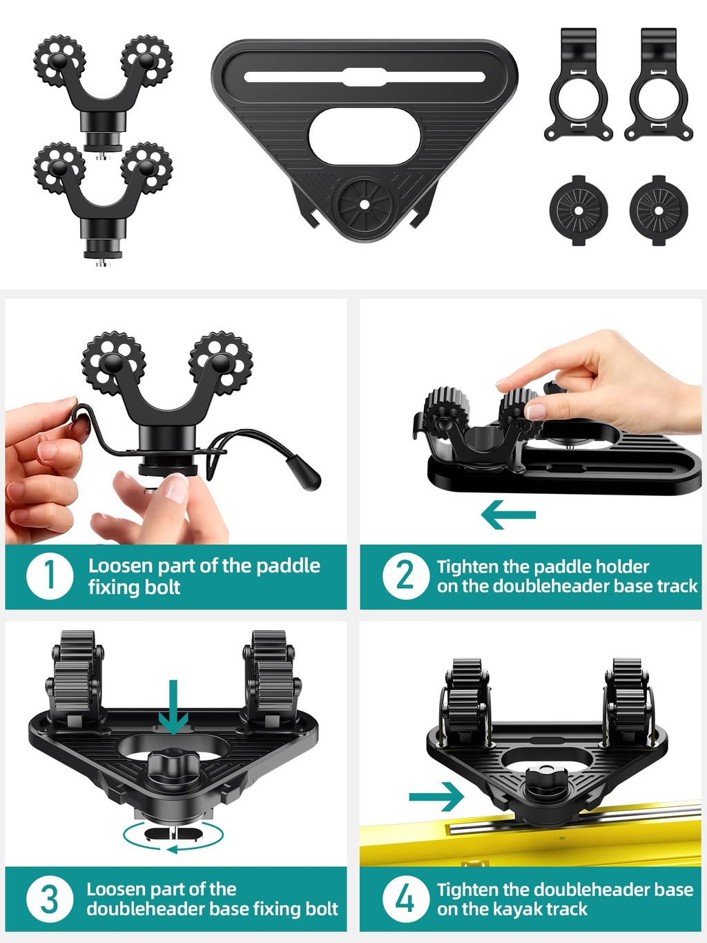 Doubleheader With Dual Kayak Paddle Holder, Kayak Paddle Holder With Two Security Tethers, Multi-Functional Dual Head Kayak Trac