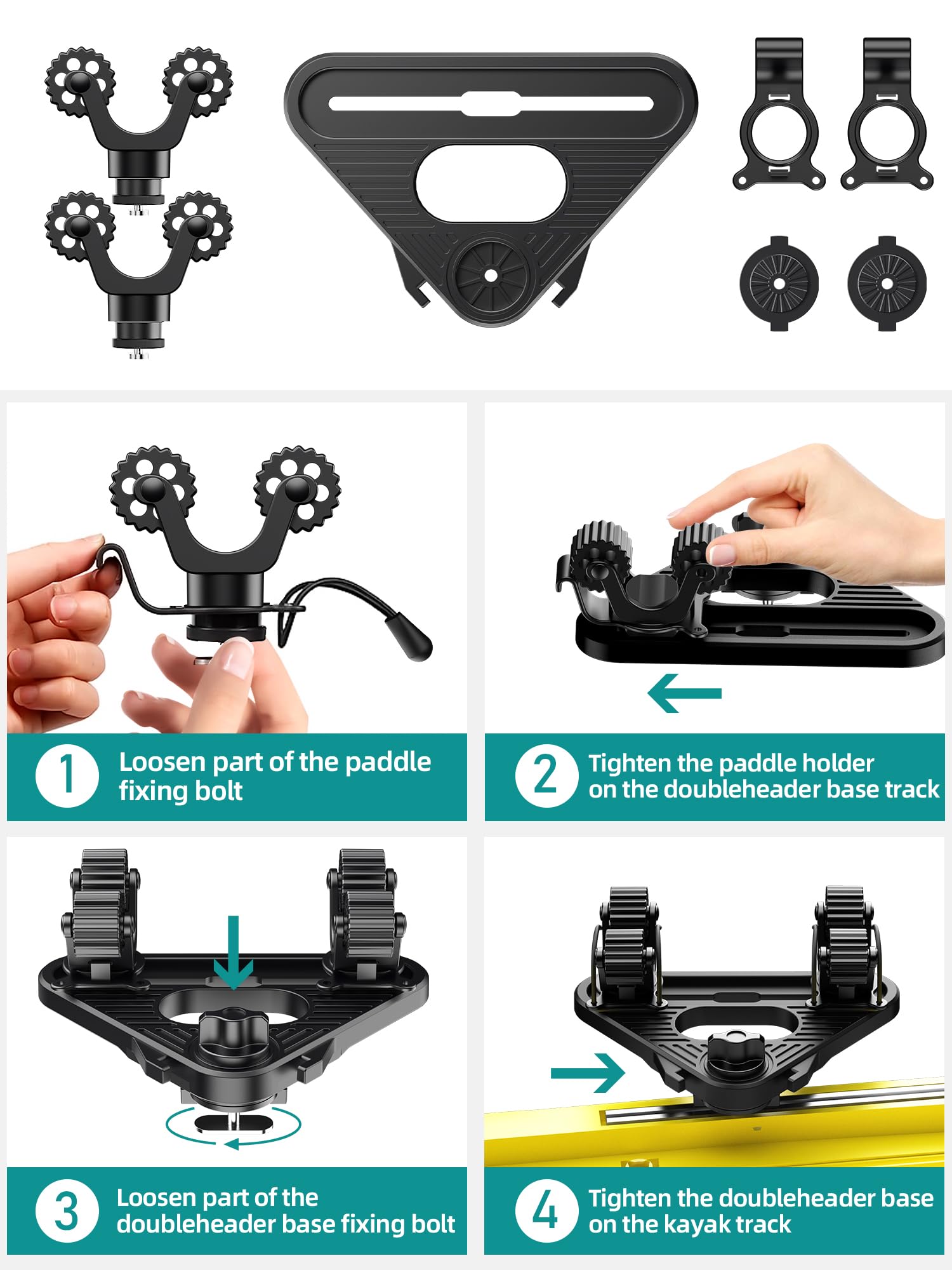 Doubleheader With Dual Kayak Paddle Holder, Kayak Paddle Holder With Two Security Tethers, Multi-Functional Dual Head Kayak Trac
