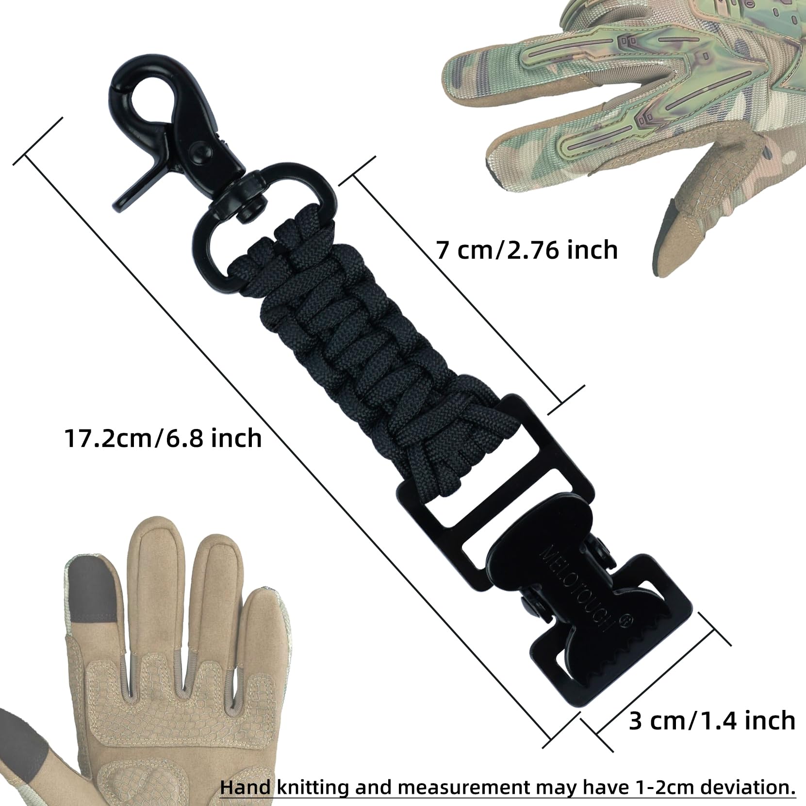 Melotough Tactical Glove Clip Braided Paracord Gloves Clips Holder For Hunting, Hiking, Camping, Outdoor Activities(Blk)