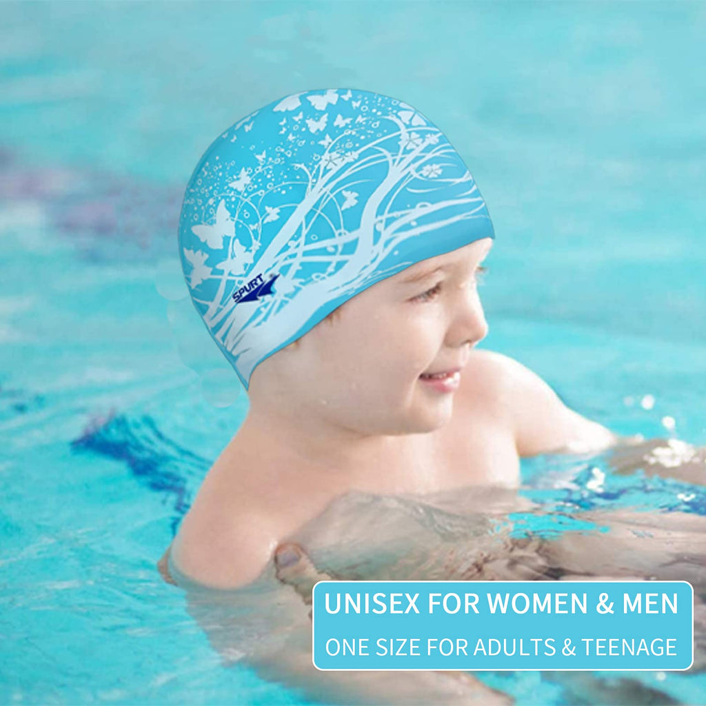 Moolecole Soft Waterproof Silicone Swim Cap Girls Summer Pool Sea Swimming Cap Bathing Haircare Hat Long Hair Purple Butterfly