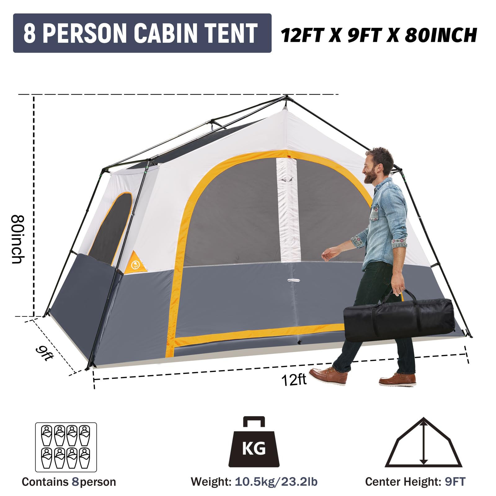 Hikergarden 8 Person Camping Tent - Portable Family Cabin Tent For Camp, Windproof Fabric Camp Tent Outdoor For Hiking, Backpack
