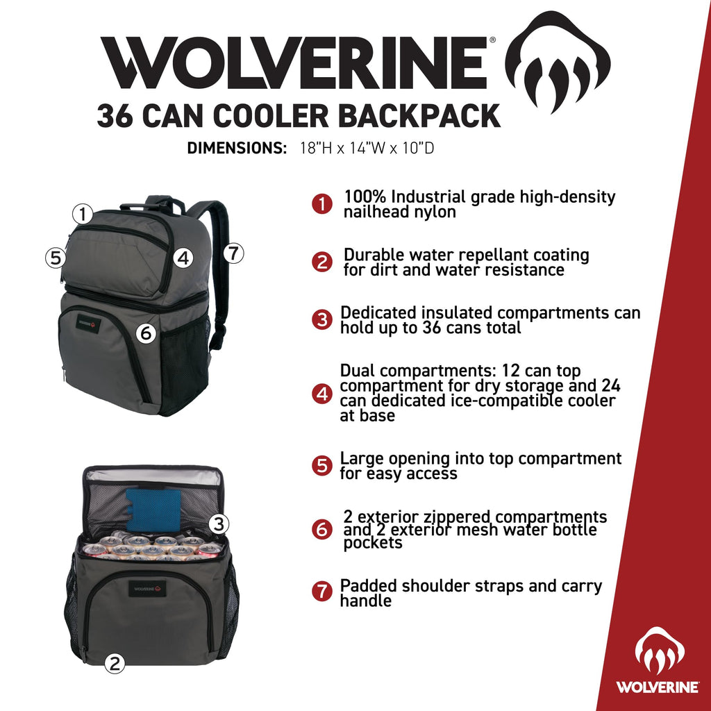 WOLVERINE 36 Can Cooler Backpack with Durable Nailhead Nylon, Dual Compartment Cooler & Dry Storage, Padded Mesh Back Panel, & E