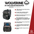 WOLVERINE 36 Can Cooler Backpack with Durable Nailhead Nylon, Dual Compartment Cooler & Dry Storage, Padded Mesh Back Panel, & E